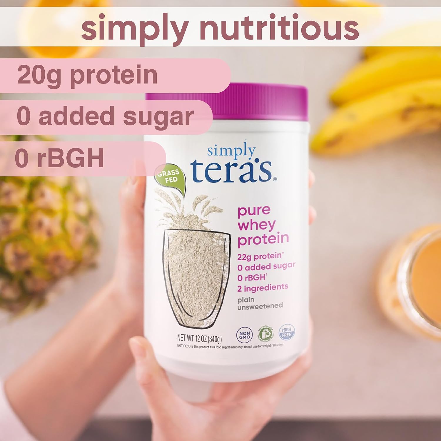 Simply tera's Pure Whey Protein Powder, Dark Chocolate, Clean Label - 12 Oz | Clean Whey Protein Powder, Made Without Artificial Sweeteners, Non-GMO, Kosher, rBGH-Free