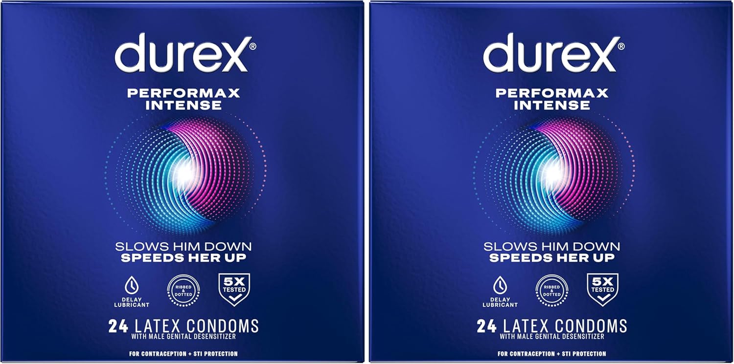 Condoms, Ultra Fine, Ribbed, Dotted with Delay Lubricant, Durex Performax Intense Natural Rubber Latex Condoms, 12 Count, Contains Desensitizing Lube for Men