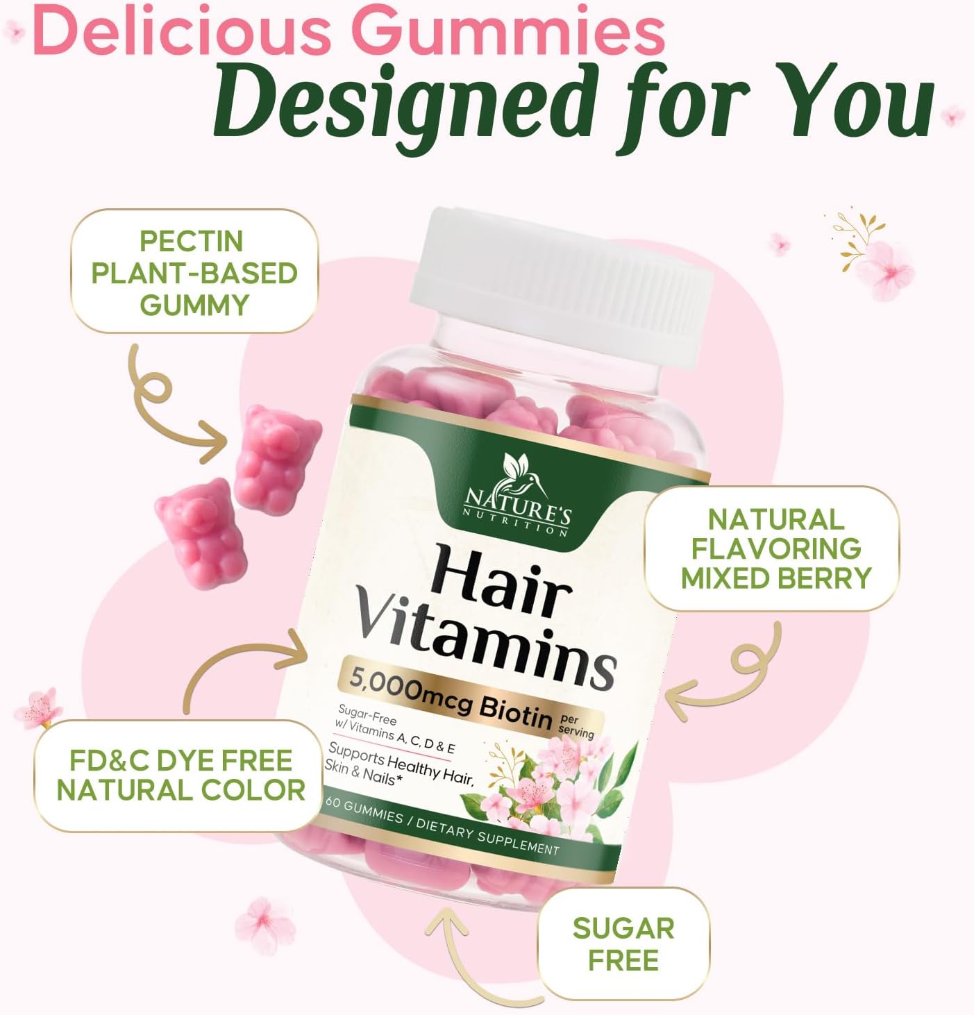 Hair Vitamins Gummies with Biotin 5000 mcg Per Serving - Extra Strength Hair Growth Support Vitamin E & C - Stronger Radiant Hair