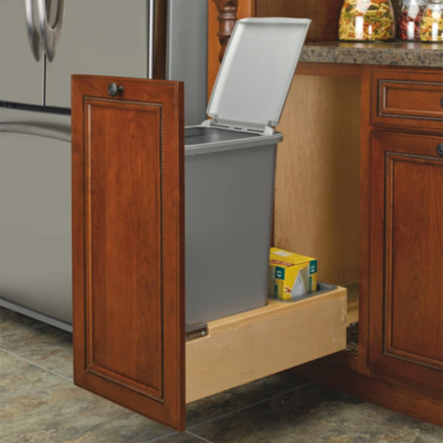 Rev-A-Shelf Pullout Under Counter Trash Can, 50 Qt 12.5 Gal Garbage Container with Soft-Close and Soft-Open Slides, Silver, 4WCBM-1550DM-1
