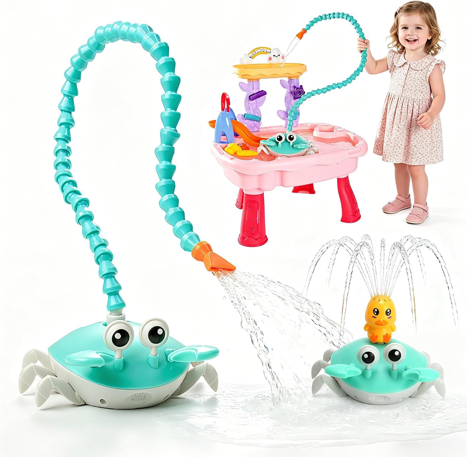 2026 Upgrade Water Table Pump, Rechargeable Crab Water Pump for Kids, Battery Powered 3 Modes Spray 2 Flow Settings, Continuous Flow 8 Hours