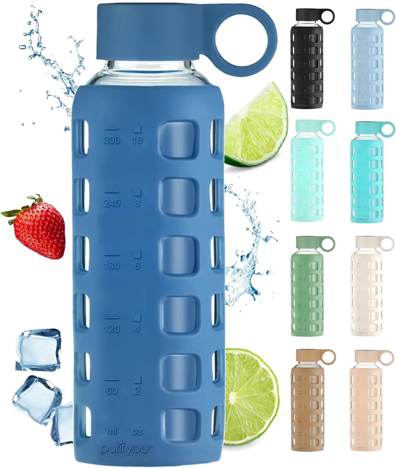 purifyou 40oz / 32oz / 22oz / 12oz Borosilicate Glass Water Bottle with Time & Volume Markers, Silicone Sleeve