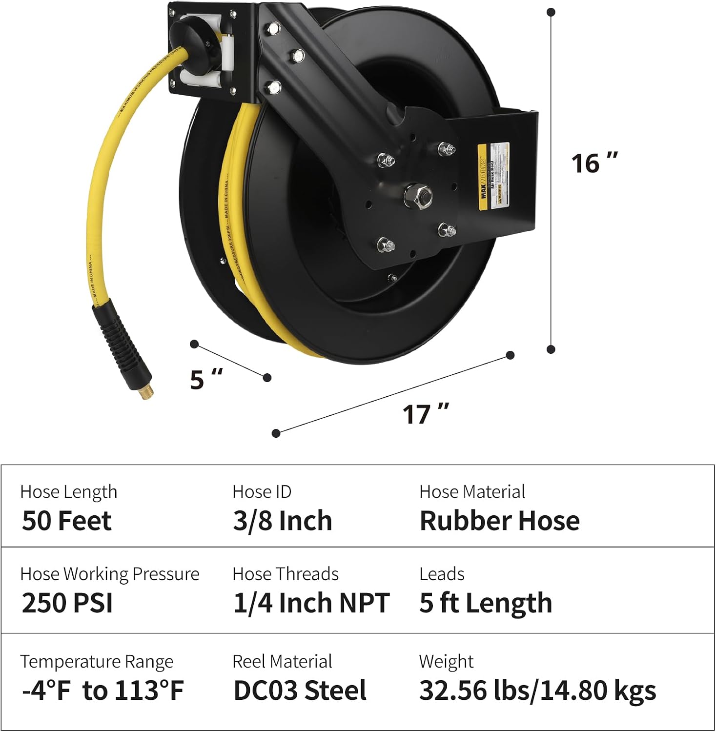 MaxWorks 50 Foot Auto Rewind Retractable Air Hose Reel with 3/8" Rubber Hose 250 PSI Heavy Duty Steel Spring Multi Position Ratchet and Solid Brass Fittings for Garage and Workshop (80720)