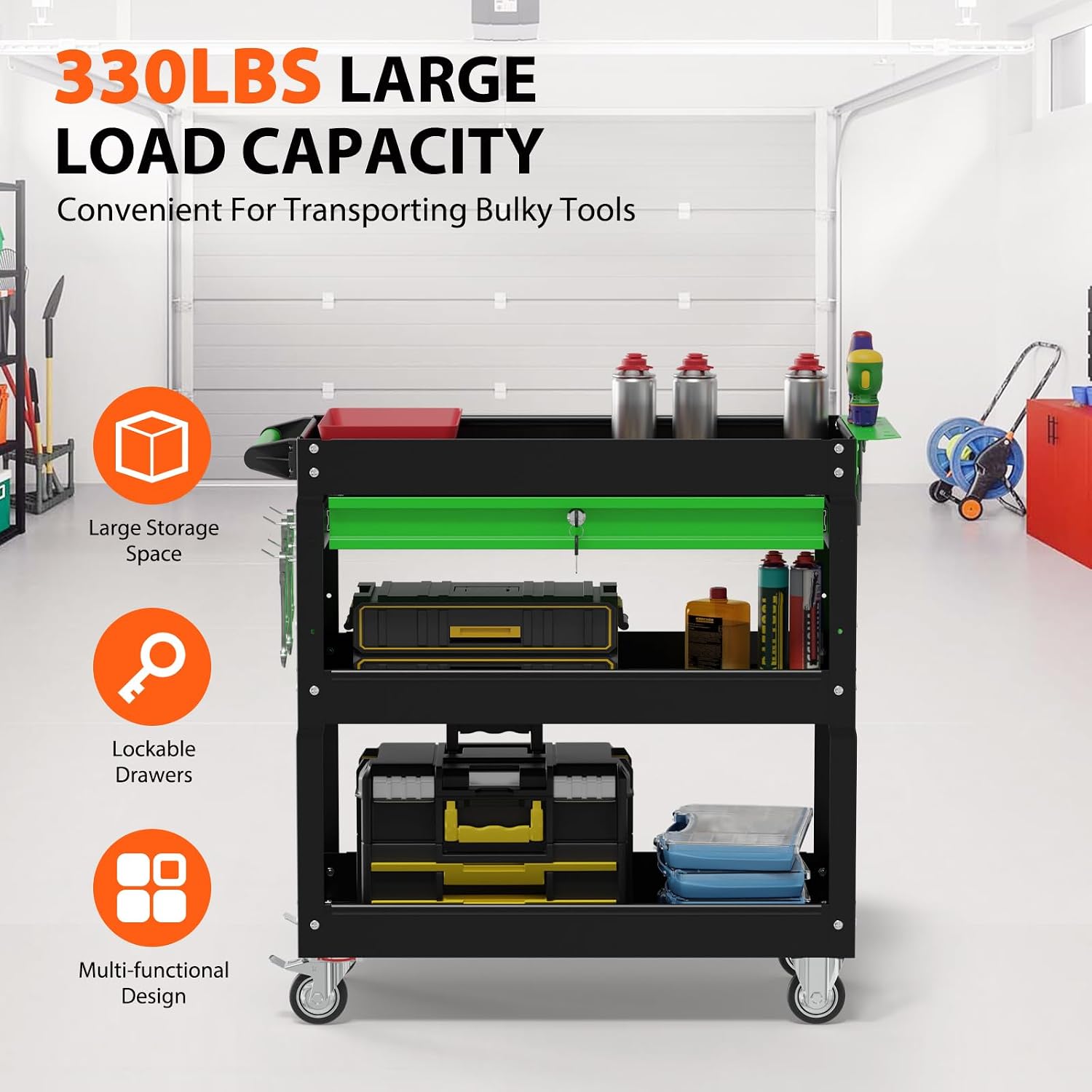 3-Tier Heavy Duty Utility Cart on Wheels, Rolling Tool Cart on Wheels with a Drawer, 350 Lbs Load Capacity Service Cart for Warehous, Garage and Repair Shop (Black)