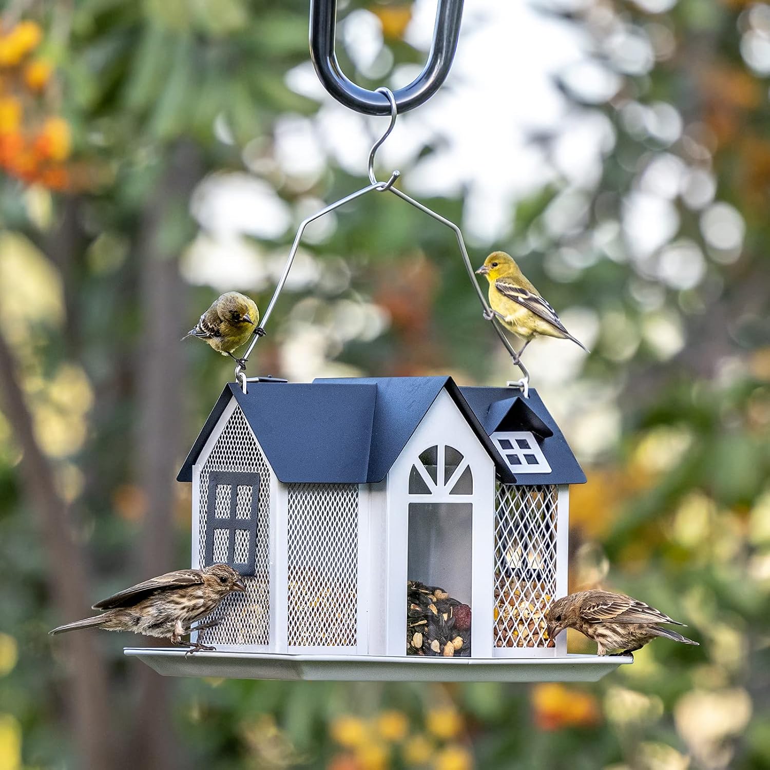 Kingsyard Bird Feeder House for Outside, Metal Mesh Wild Bird Feeder with Triple Feeders for Finch Cardinal Chickadee, Large Capacity