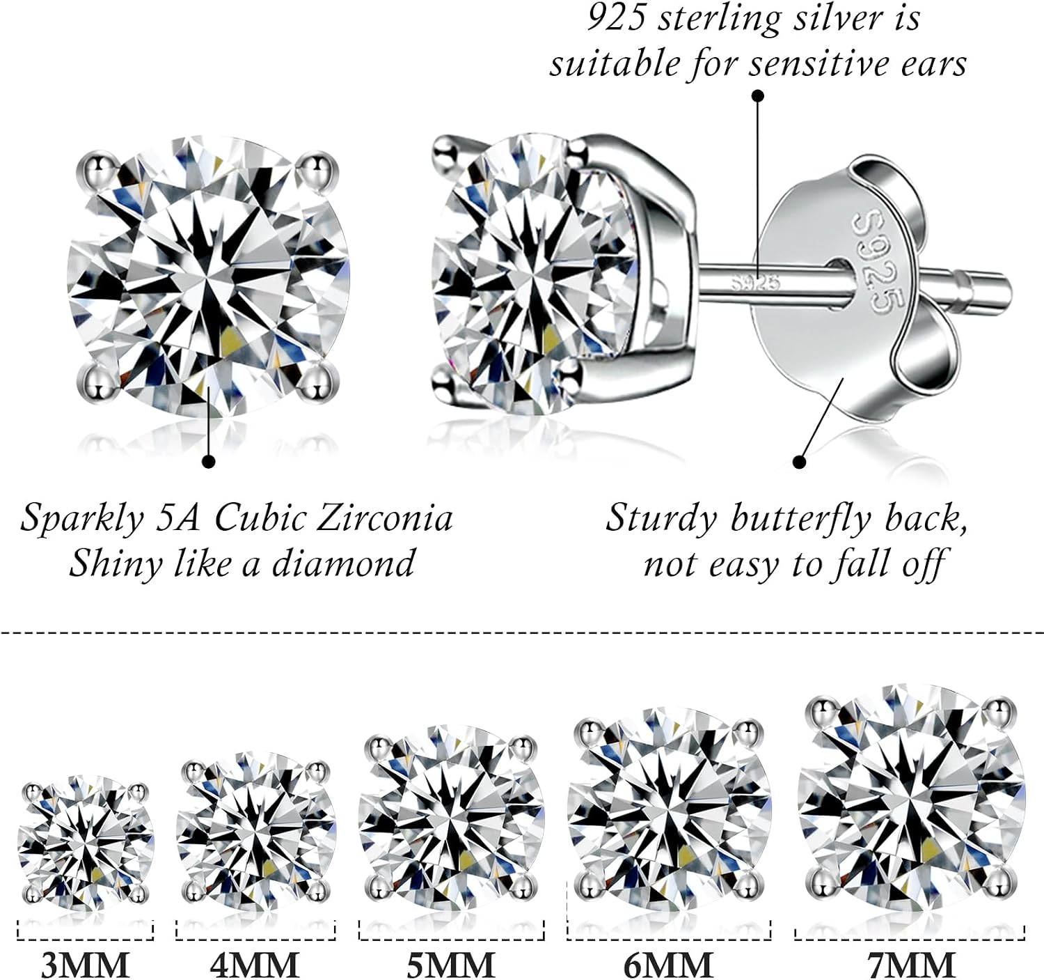 925 Sterling Silver Stud earrings Set | White Gold Plated Hypoallergenic Stud Earrings | Cubic Zirconia Stud Earrings for Women (2mm, 3mm, 4mm, 5mm