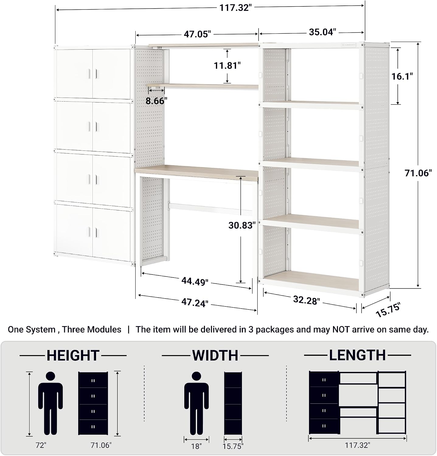 FLEXIMOUNTS 117"W Modular Garage Storage Cabinet with Workbench, Black | 6 Doors, 3700lbs capacity, Metal board shelf includes pegboard, 3-in-1 metal tool cabinet, 24-gauge steel, FLEXIMOD Series