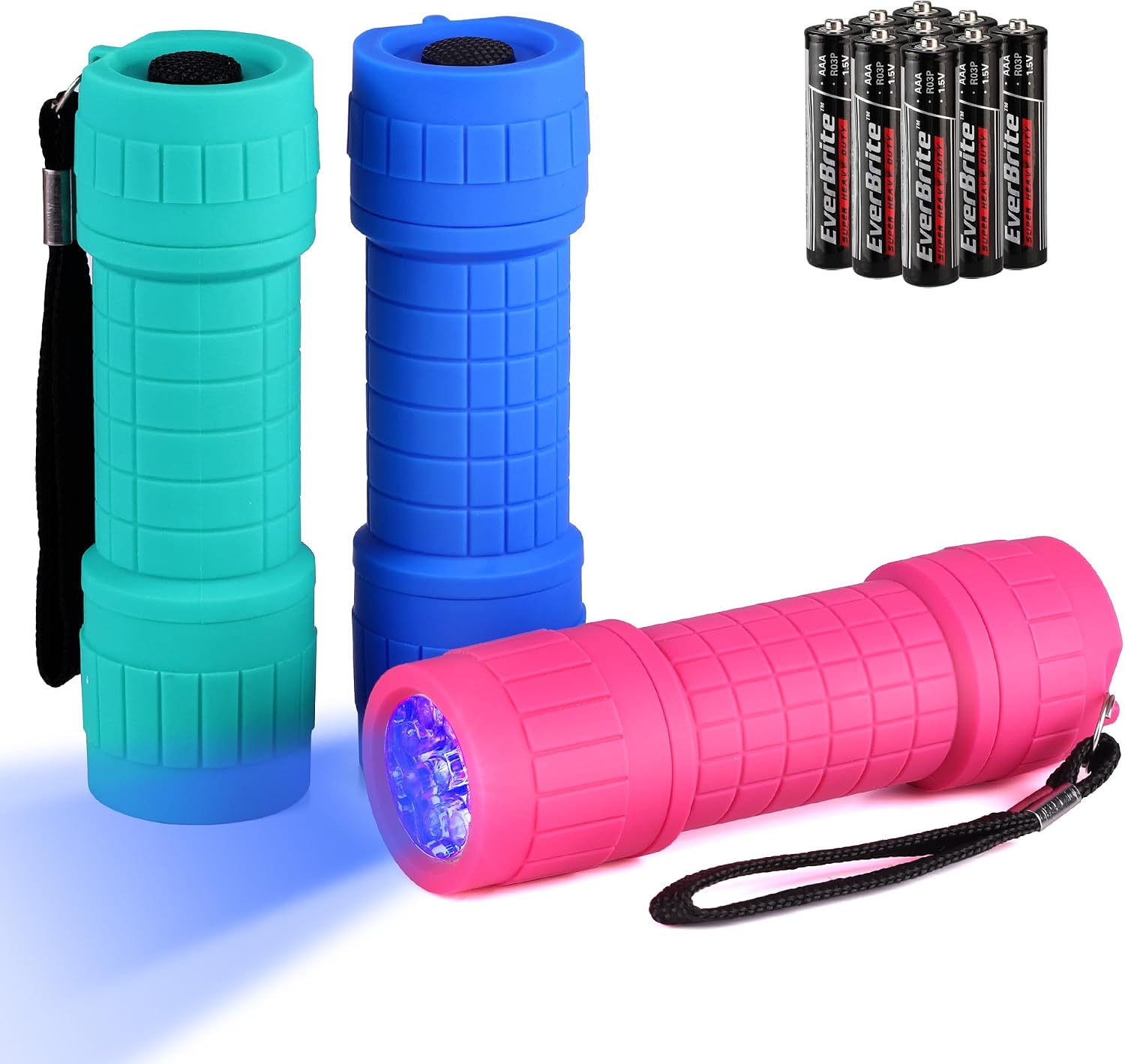EverBrite Mini Flashlights 6-Pack Mix Colors, Batteries Included | Small, Lightweight, 18 AAA Batteries, 6-Color Set, 9-LED, Wrist Lanyards, for Home, Camping & Emergency use, Holiday Gifts