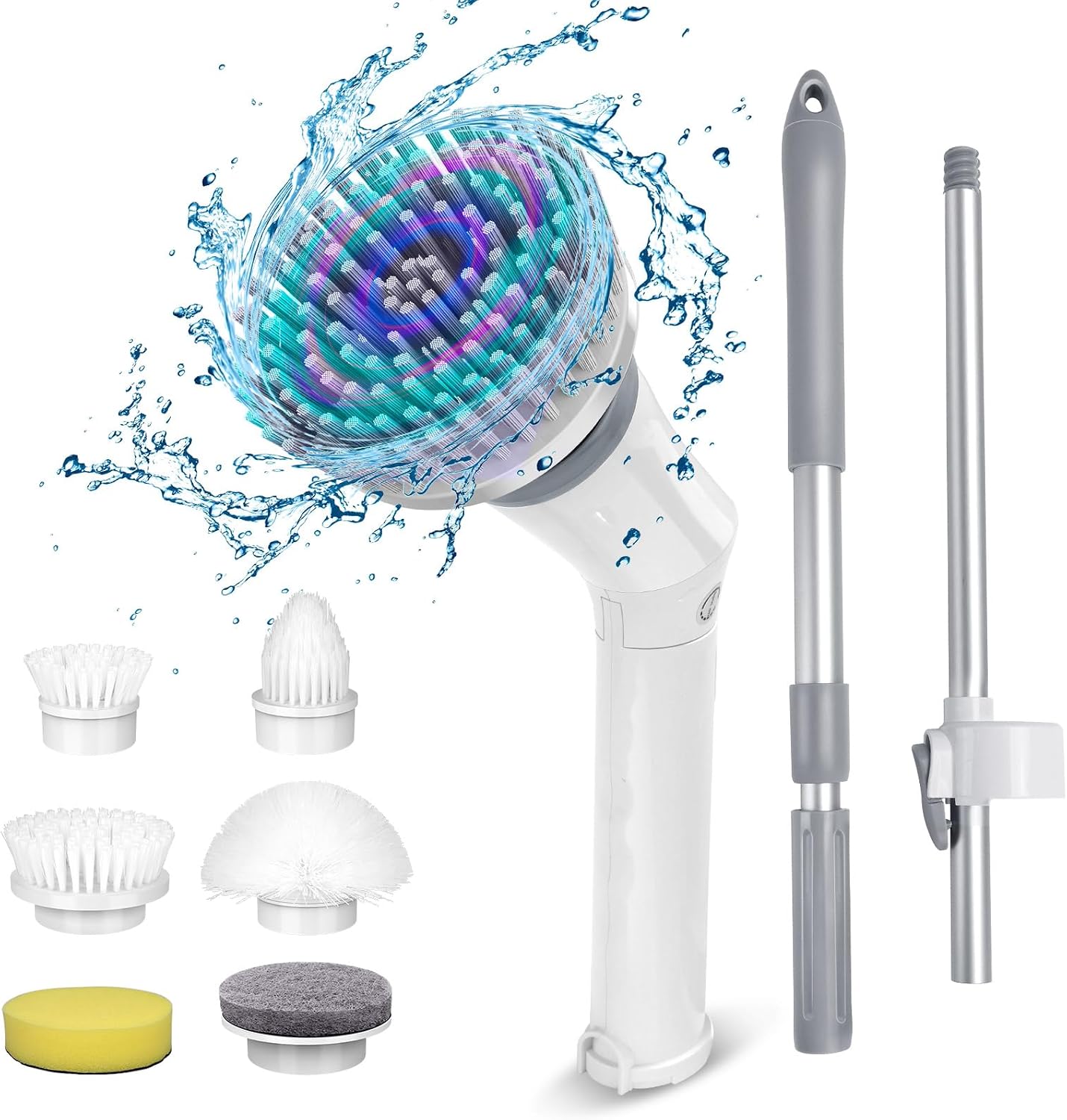 Qimedo Electric Spin Scrubber Q3, 6000mAh, Extra-Large Brush Head, 1200RPM | Floor Scrubber Machine with Long Handle, Cordless Cleaning Brush, 8 Brush Heads and Smart Display for Showers, Tubs and Tile