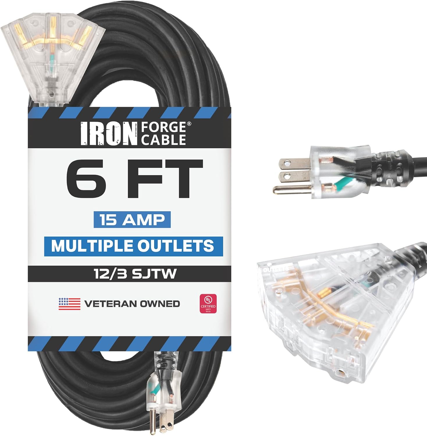 Iron Forge Cable 12 Gauge Extension Cord Multi Outlet, 10 Ft - Black SJTW