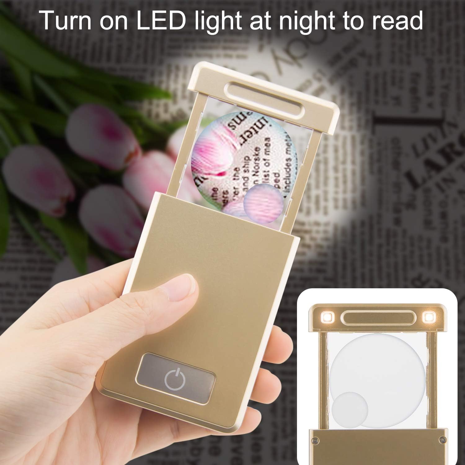 HONWELL Magnifying Glass with Light, 3X 5X Pocket Lighted Magnifying Glasses, LED Battery Powered Poratble Magnifying Glass for Reading