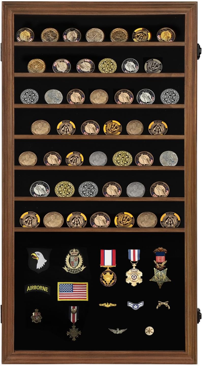 Jinchuan Military Challenge Coin Display Case Lockable Cabinet Rack Holder Shadow Box with Removable 2 Grooves Shelves and Anti Dust Door for Casino