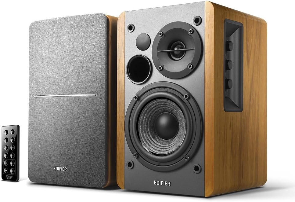 Edifier R1280DB Powered Bluetooth Bookshelf Speakers - Optical Input - Wireless Studio Monitors - 4 Inch Near Field Speaker - 42W RMS - Wood Grain (Black)