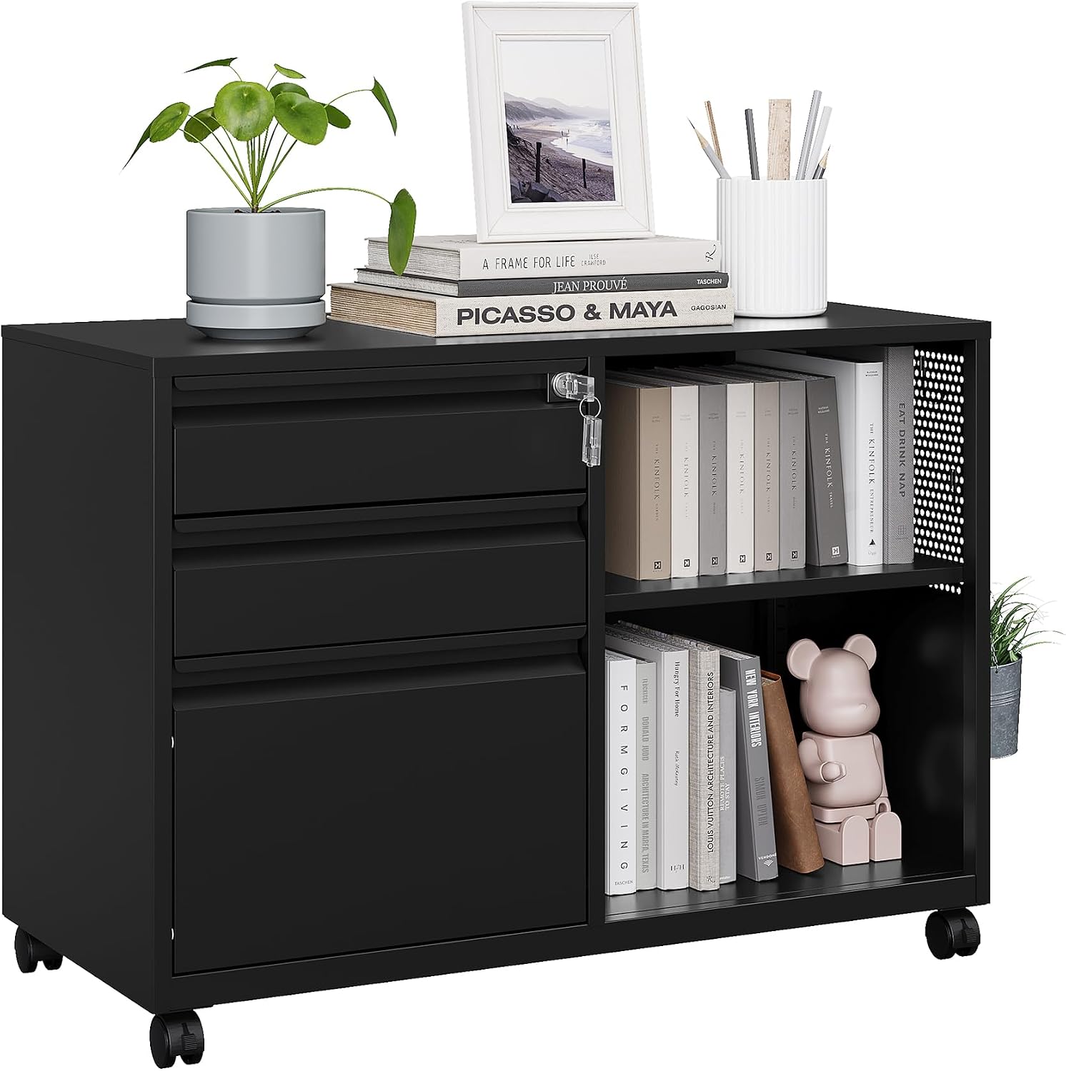 MIIIKO 3 Drawer File Cabinet with Lock, Metal Lateral Rolling Printer Stand Filing Cabinets for Home Office Storage,A4, Letter,File Folders(White)
