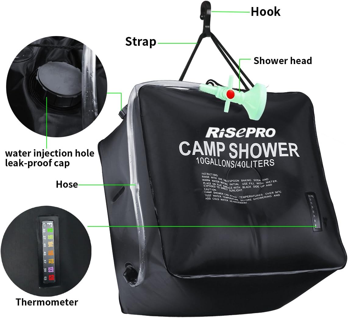 10 gallons/40L Solar Shower Bag Solar Heating Camping Shower Bag with Temperature Hot Water Outdoor Hiking Climbing XH07