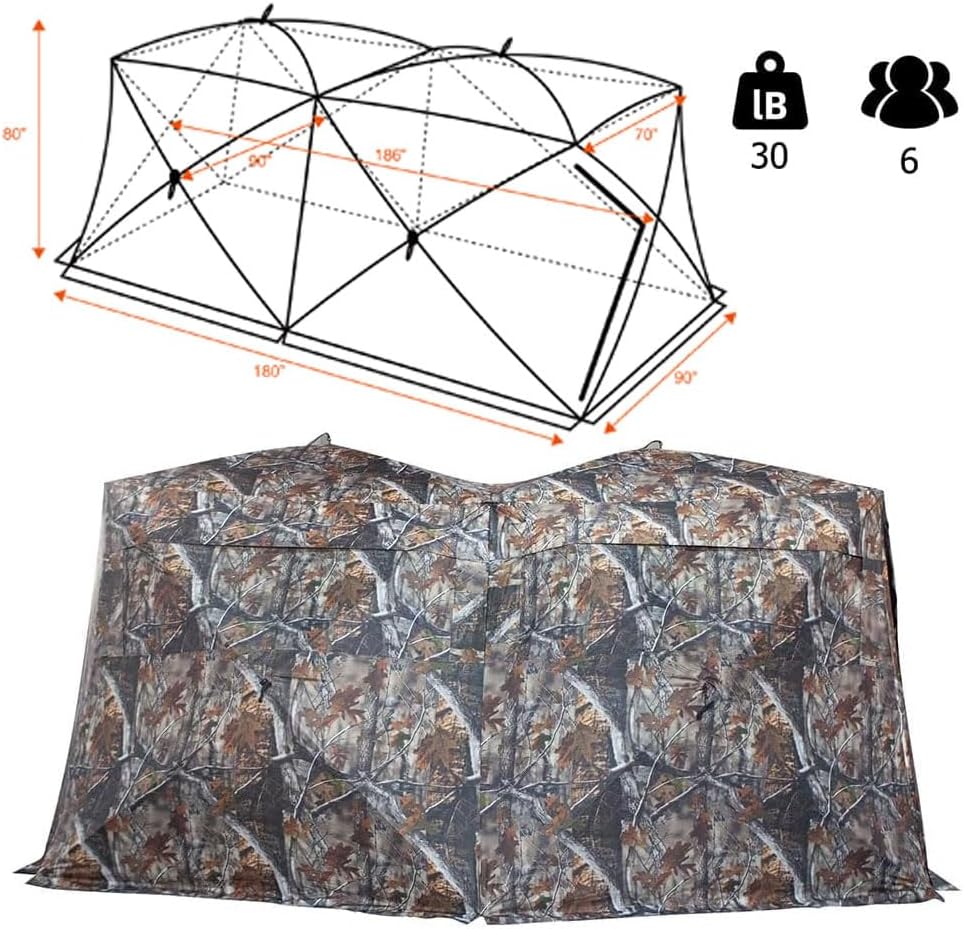 THUNDERBAY Bunkhouse Pop Up Portable 6 Person Side-by-Side Hunting Blind, Footprint: 140"x70" with 80" Height
