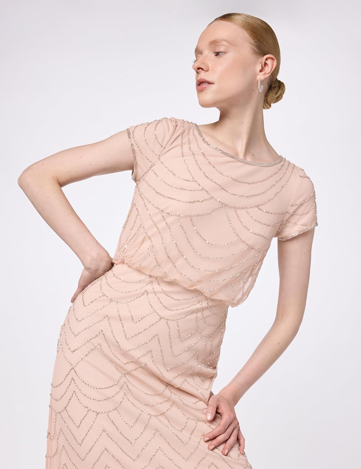 Adrianna Papell Womens Short Sleeve Blouson Beaded Gown