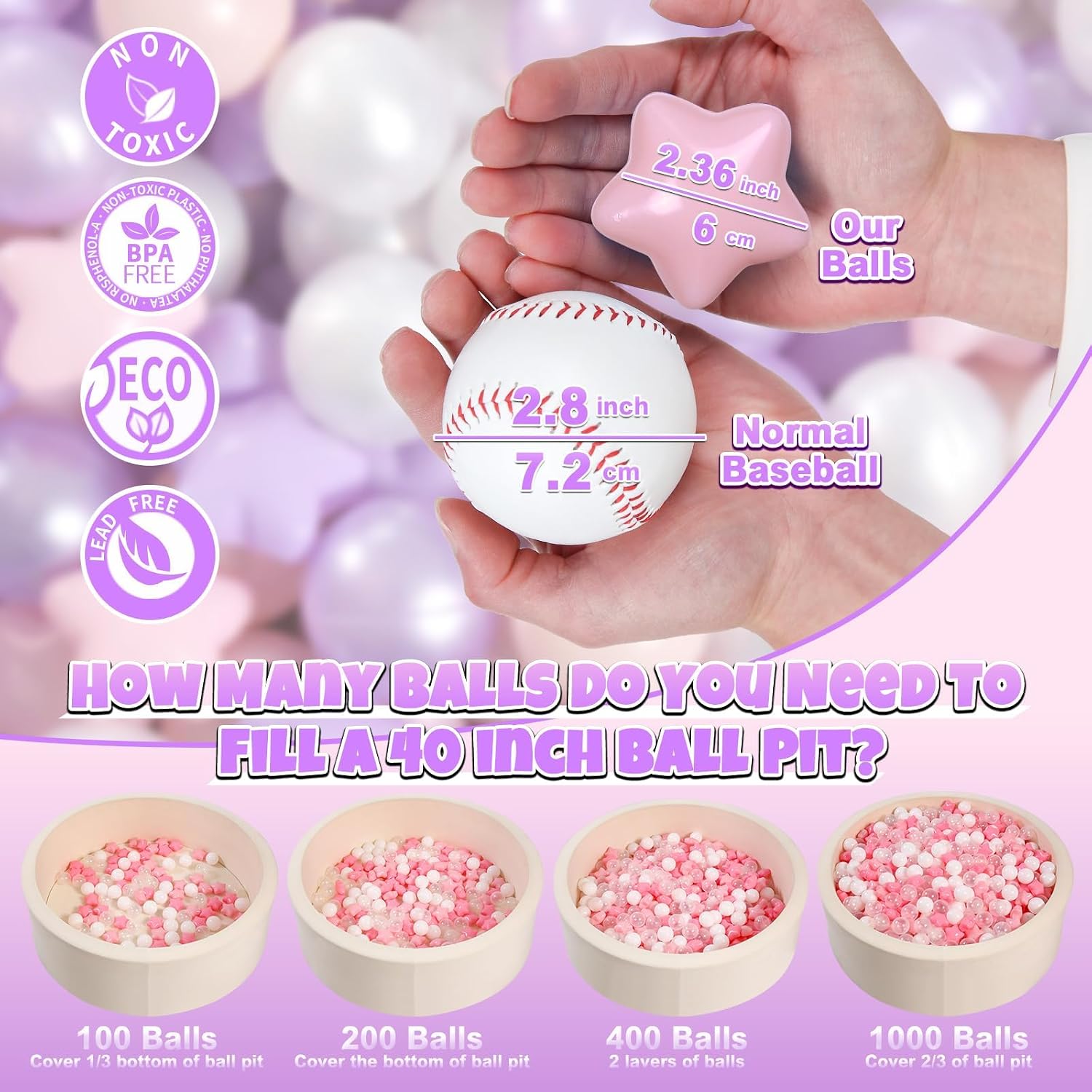 GOGOSO Ball Pit Balls 100 PCS for Toddles, Kids Plastic Balls for Ball Pit, Pool, Pink Party Accessories, Birthday Decoration