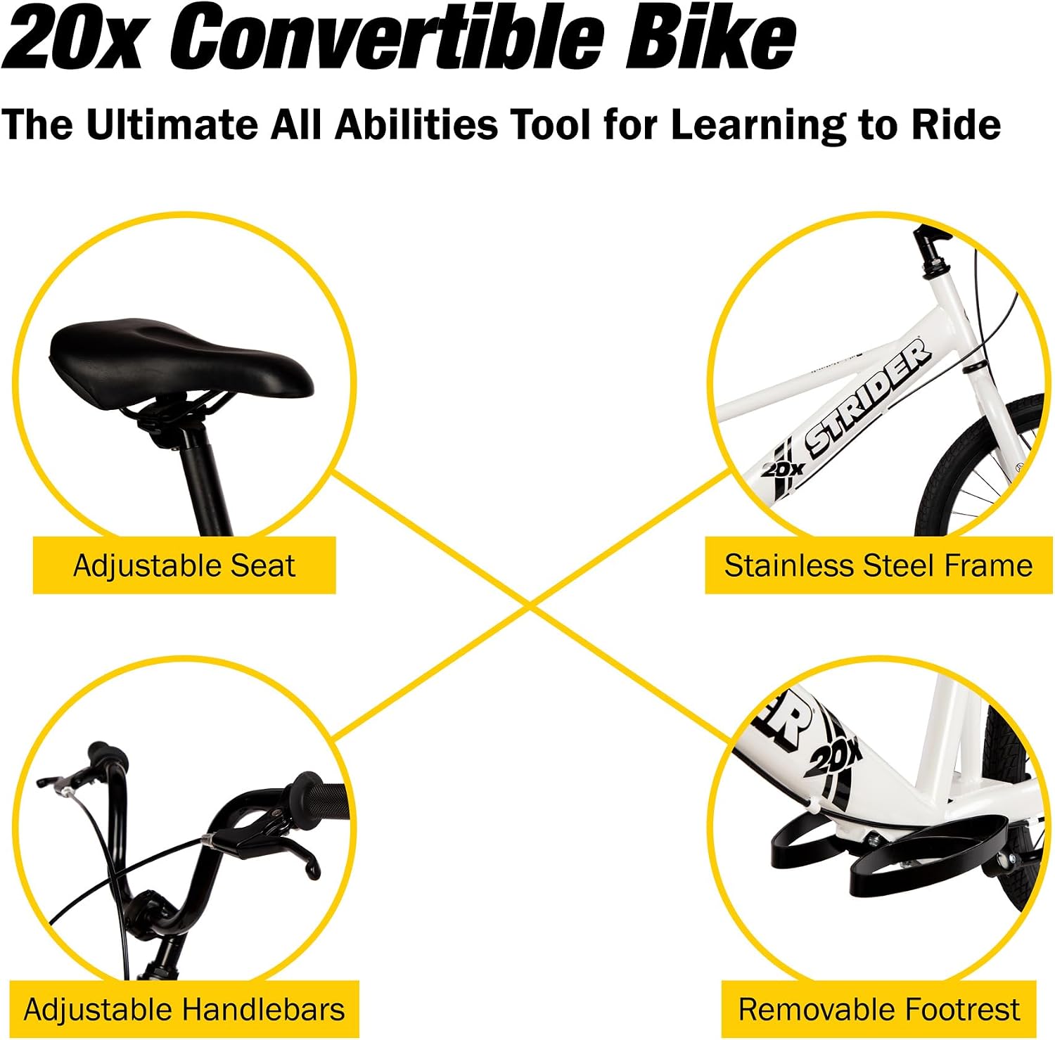 Strider 20x Convertible Balance Bike, Easy Assembly, Ages 8+, White | Lightweight Aluminum Frame with Kickstand, No-Pedal, Dual Drum Handbrakes