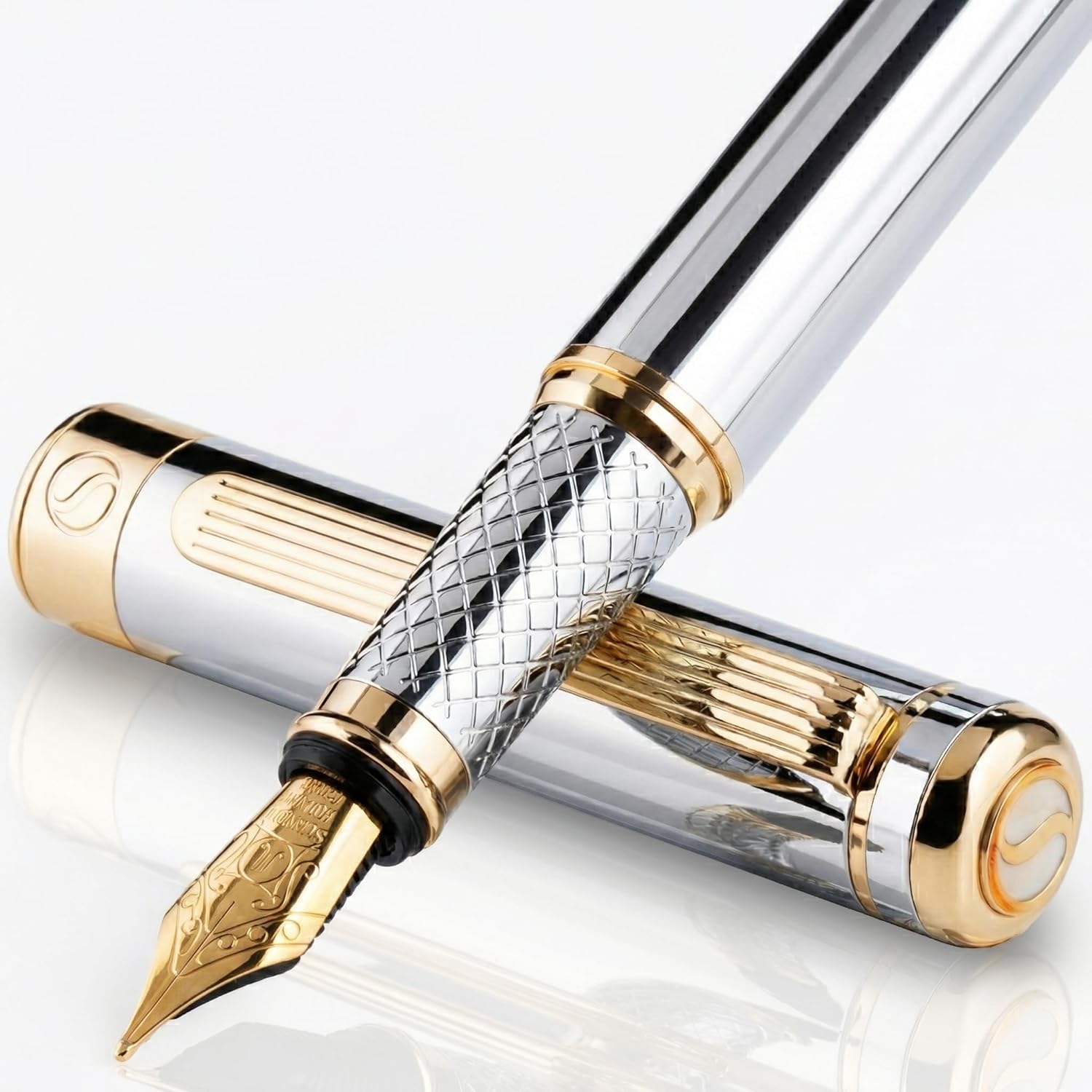 Scriveiner Silver Chrome Fountain Pen - Stunning Luxury Pen, Real Gold Finish Schmidt Gilded Nib (Medium), Best Pen Gift Set for Men & Women