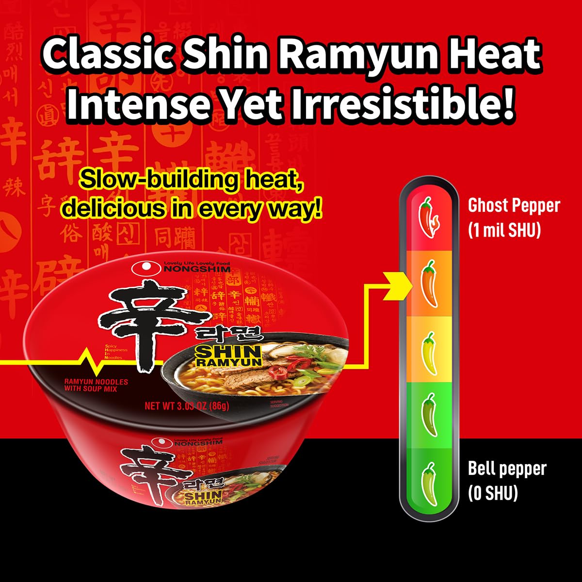 Nongshim Shin Ramyun Bowl Noodles, Spicy Korean Signature Instant Ramyun, Rich Beef Flavored Broth, Quick and Easy, Microwaveable Bowl, 3.03 oz (Pack of 12)