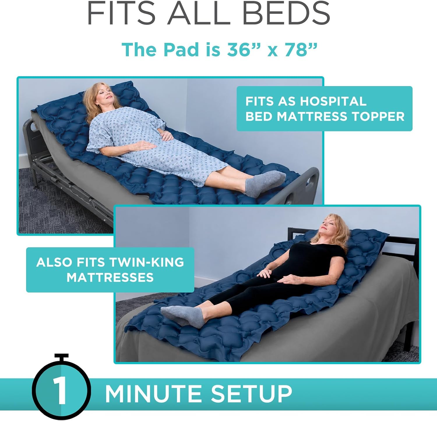 Vive Alternating Air Pressure Mattress Pad - The Original Bed Sore Solution | Dr. Recommended Hospital Bed Topper for Bedridden Patients - Includes Waterproof, Breathable Ulcer Cushion & Quiet Pump