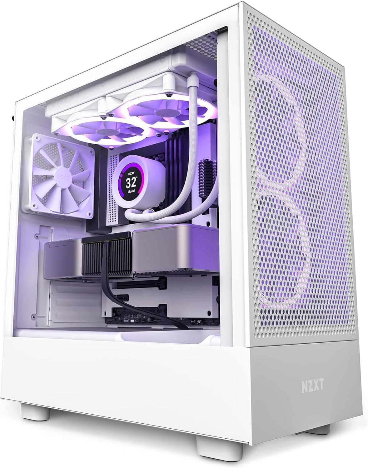 NZXT H5 Flow RGB - Compact ATX Mid-Tower PC Case - White | Compact mid-tower with included F360 RGB Core fans, 360mm radiator support, tempered glass. CAM-ready RGB out of the box.
