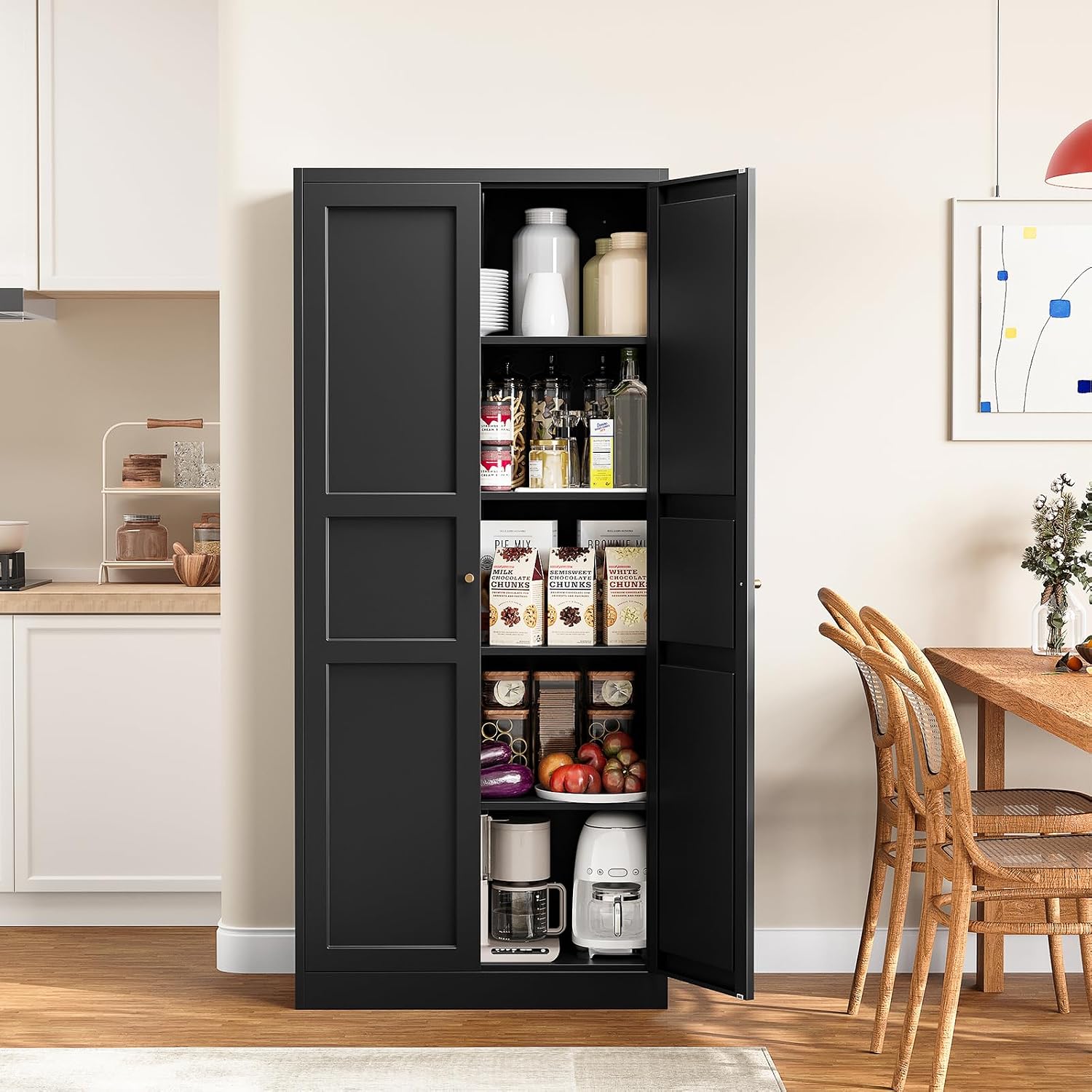 Metal Storage Cabinet with 2 Doors and 4 Adjustable Shelves - 61" White Kitchen Pantry Storage 5-Tier Tall Steel Cabinets Locker for Kitchen, Living Room, Dining Room