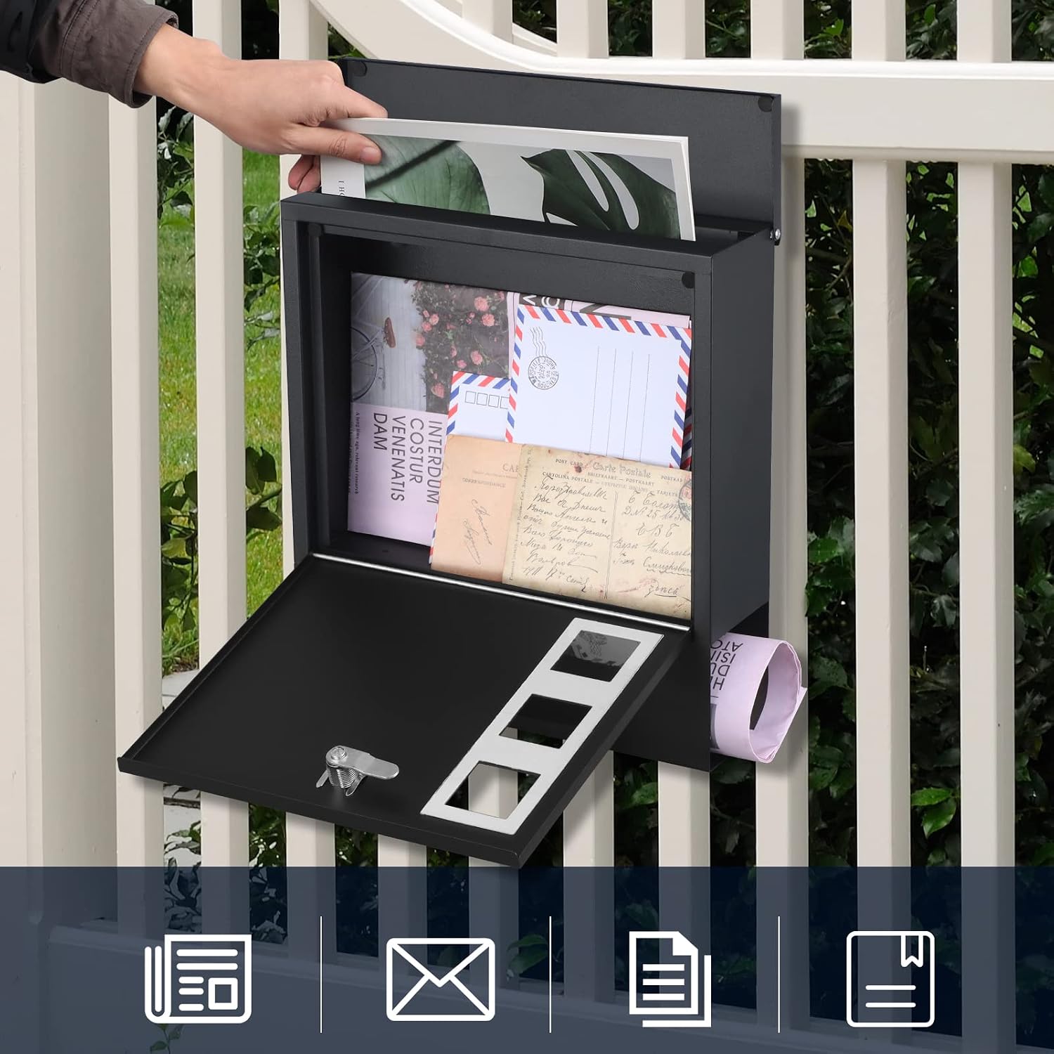 KYODOLED Mailbox for Outside, Wall Mount Locking Mailbox, Security Drop Box with Key Lock for Letters, Cash, Cards, Steel Mail Box for House Office School, 12.4H x 8.54L x 3.35W Inches, Black