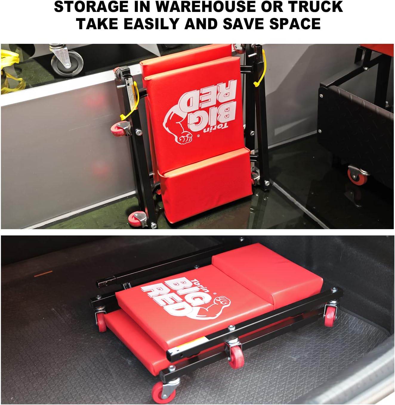 BIG RED TRP6240 Torin Blow Molded Plastic Rolling Garage/Shop Creeper: 40" Mechanic Cart with Padded Headrest, Dual Tool Trays and 6 Casters, Red