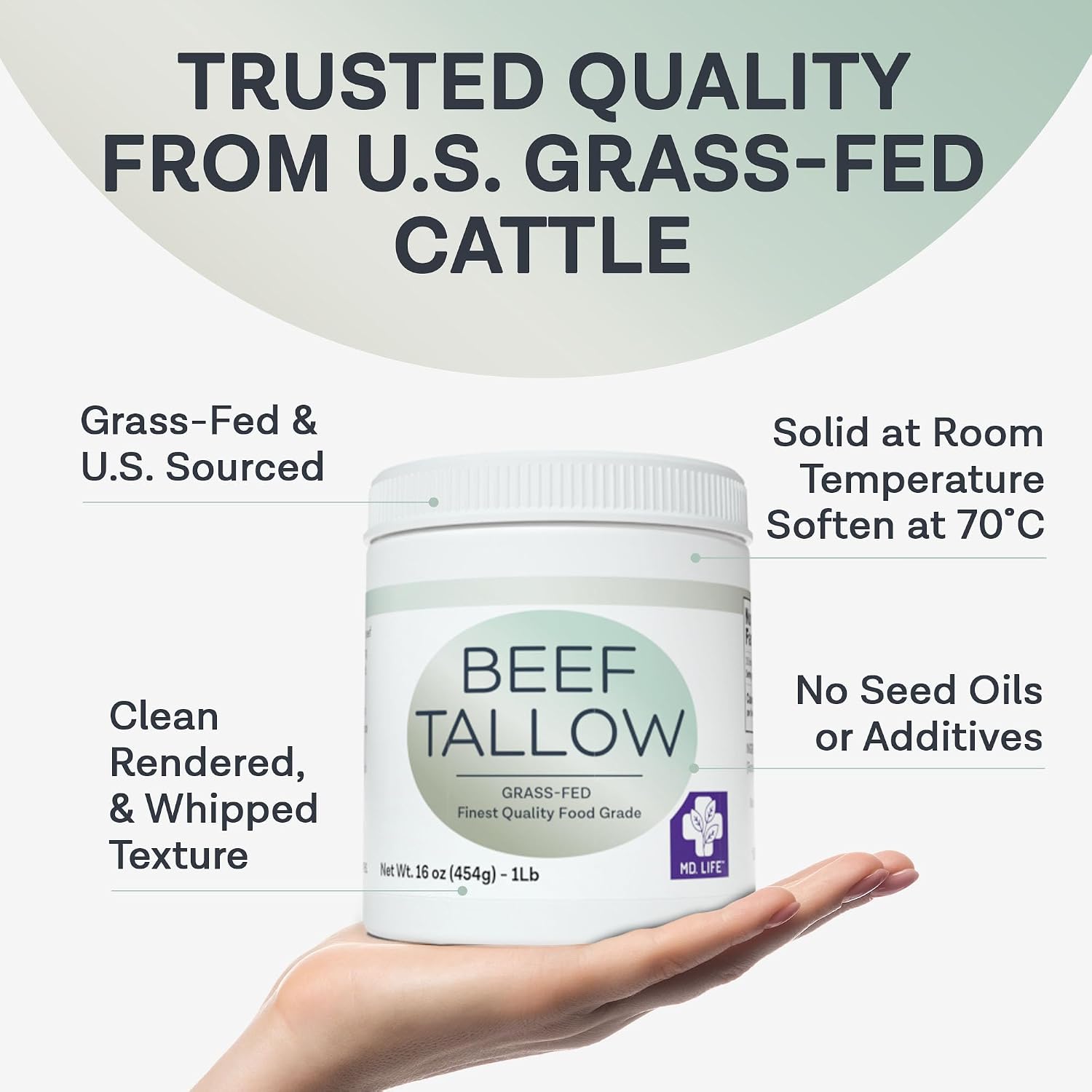 MD. Life Beef Tallow for Cooking - Food Grade Grass Fed Beef Tallow for Cooking Oil Replacement - 28 Ounce - Pasture Raised Keto Friendly Beef Tallow- Used to Make Candles & Soap