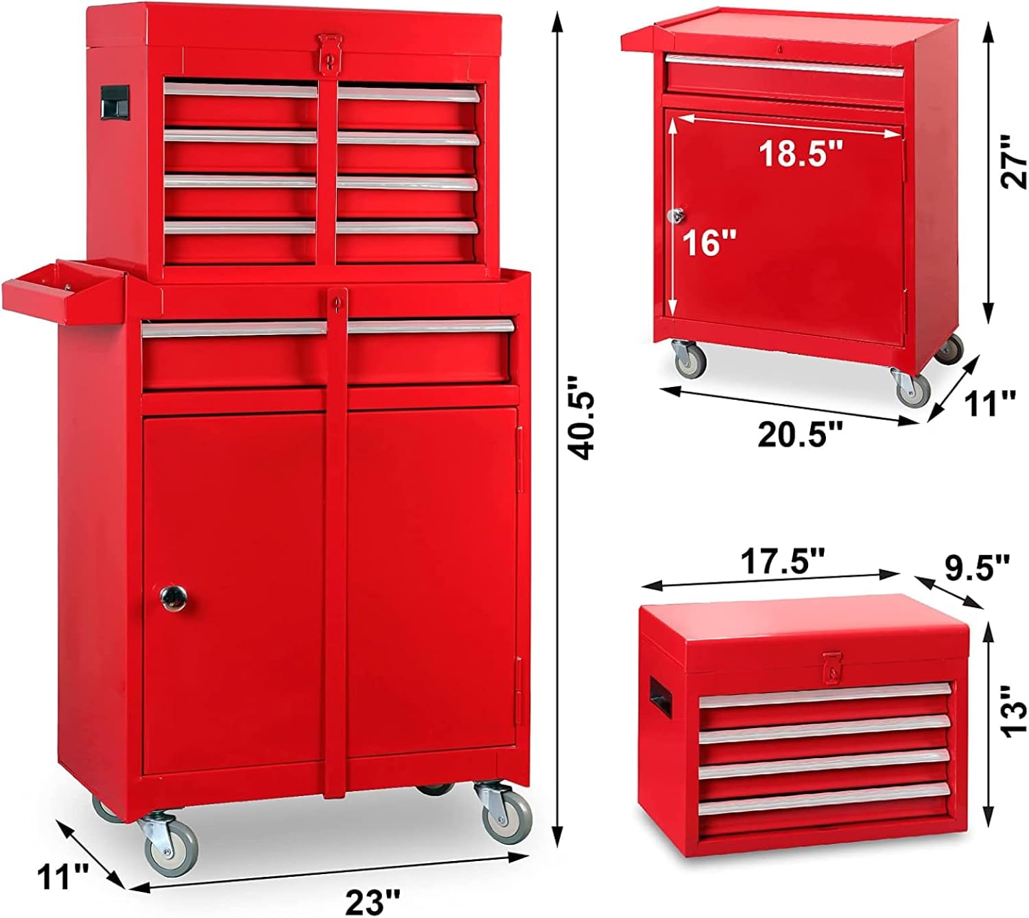 Road DAWG ATBT1204D-Red Torin Rolling Garage Workshop Tool Organizer: Detachable 4 Drawer Tool Chest with Large Storage Cabinet and Adjustable Shelf