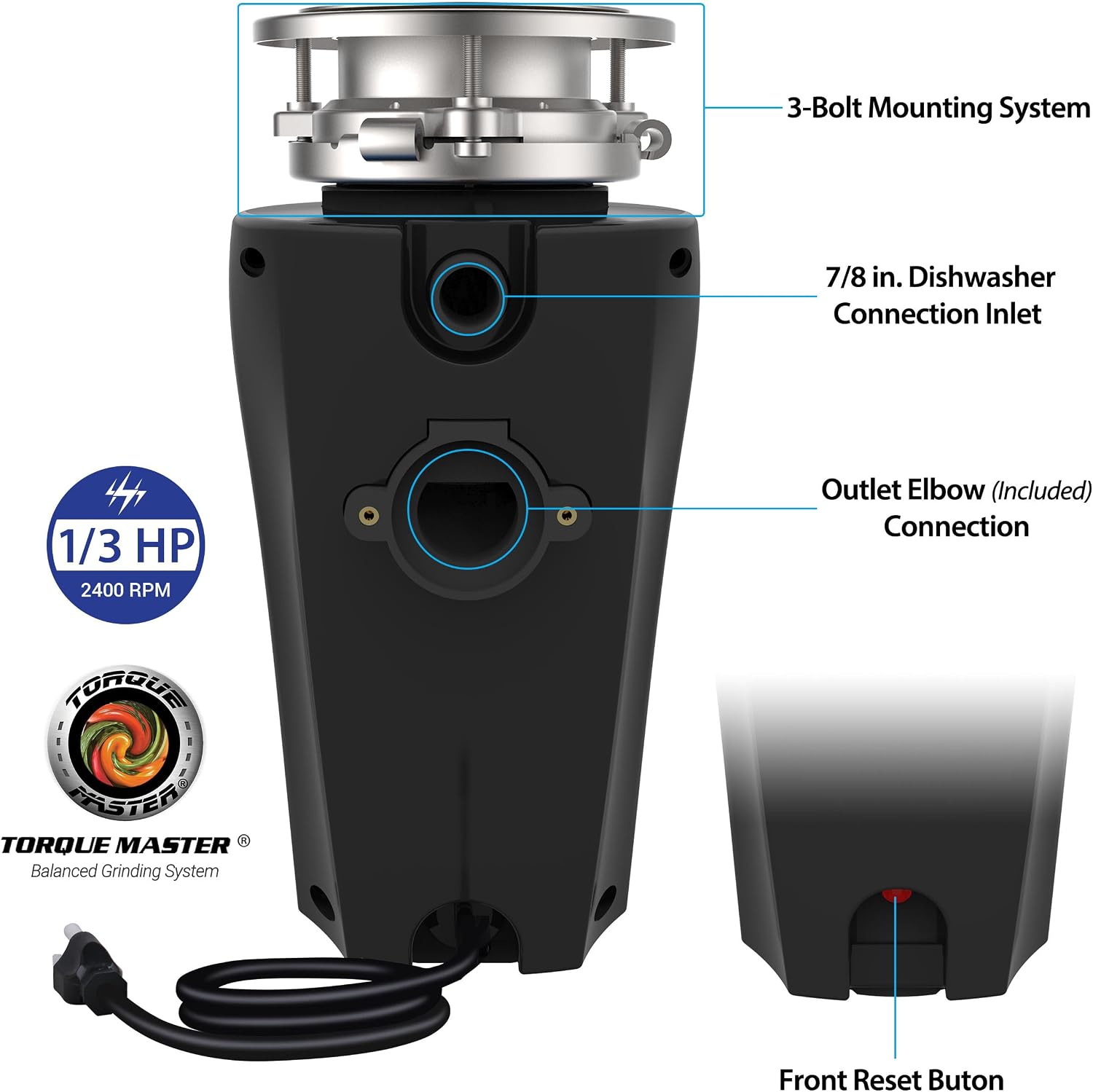 Eco Logic 1/3 HP Garbage Disposal, Universal 3-Bolt Mount, Power Cord
