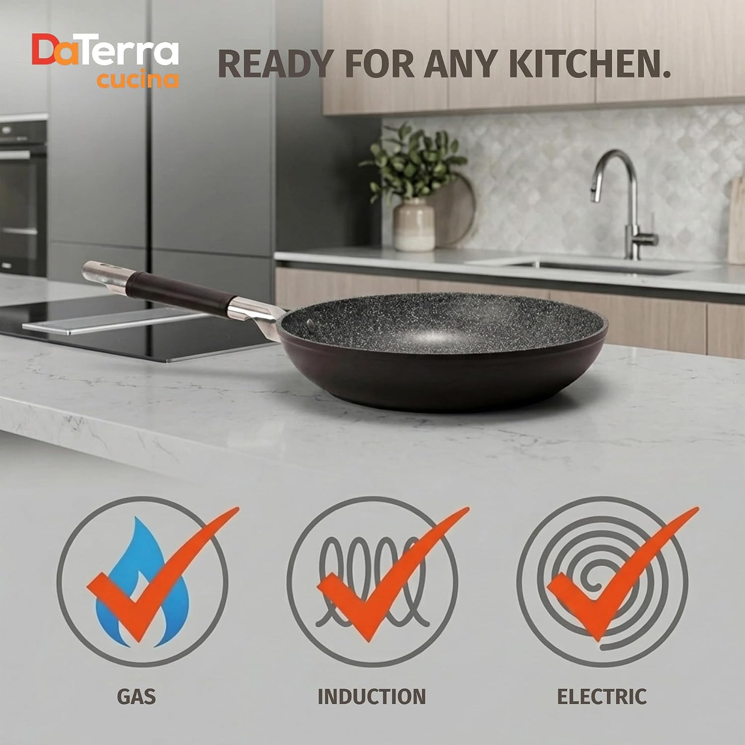 DaTerra Cucina - Ceramic Frying Pan, Induction & Oven, Made In Italy, 9.5" | Made in Italy, Induction Compatible, Oven-Safe up to 450°F, PFAS-free, Ergonomic Handle, Easy Cleanup, Even Heating