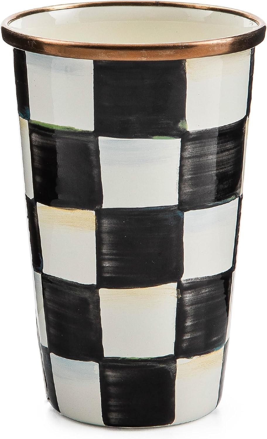 MACKENZIE-CHILDS Enamel Tumbler, Black-and-White Courtly Check | Hand-painted design, elegant drinkware with gold rim, 2.75" dia. x 4.5" H, 10-ounce capacity