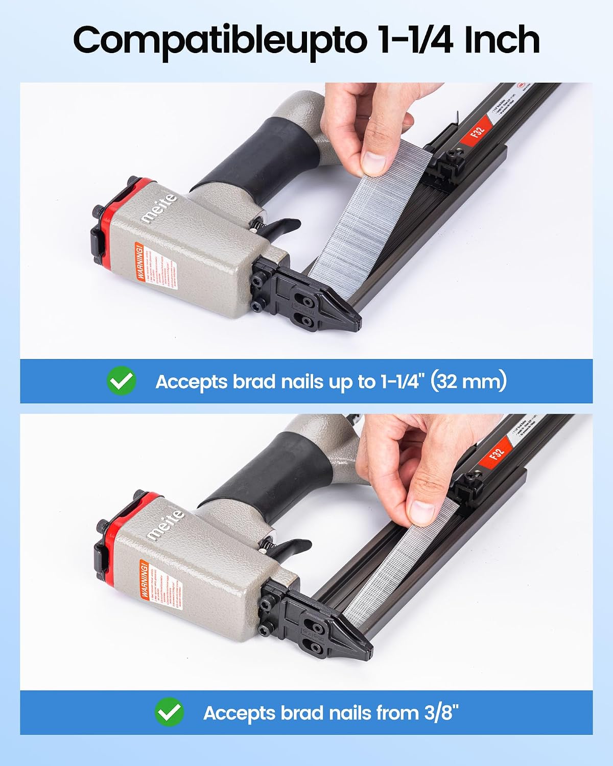 meite F32 Brad Nailer 18 Gauge 3/8" to 1-1/4" Pneumatic Tool for Woodworking Projects