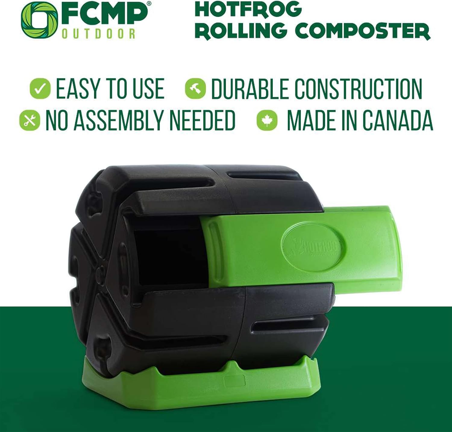 FCMP Outdoor HOTFROG Rolling Single Chamber Batch Tumbling Composter - Outdoor Rotating Garden Compost Bin (HF-RC4000WB) Black & Green (37-Gallon)