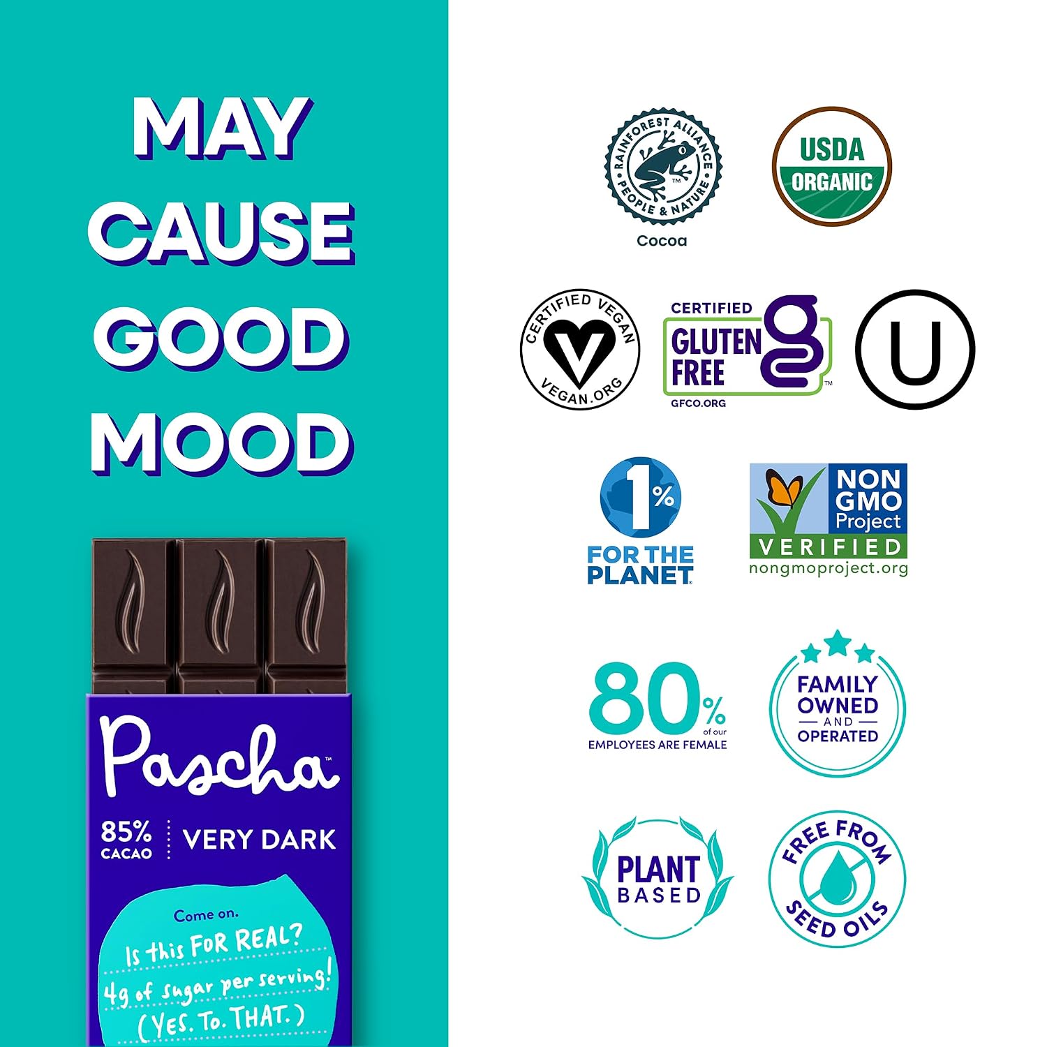 Pascha 85% Cacao Dark Chocolate Bars - Organic, Vegan, 10 Count | Pascha 85% Organic Vegan Dairy Free Dark Chocolate Bars, 10 Count