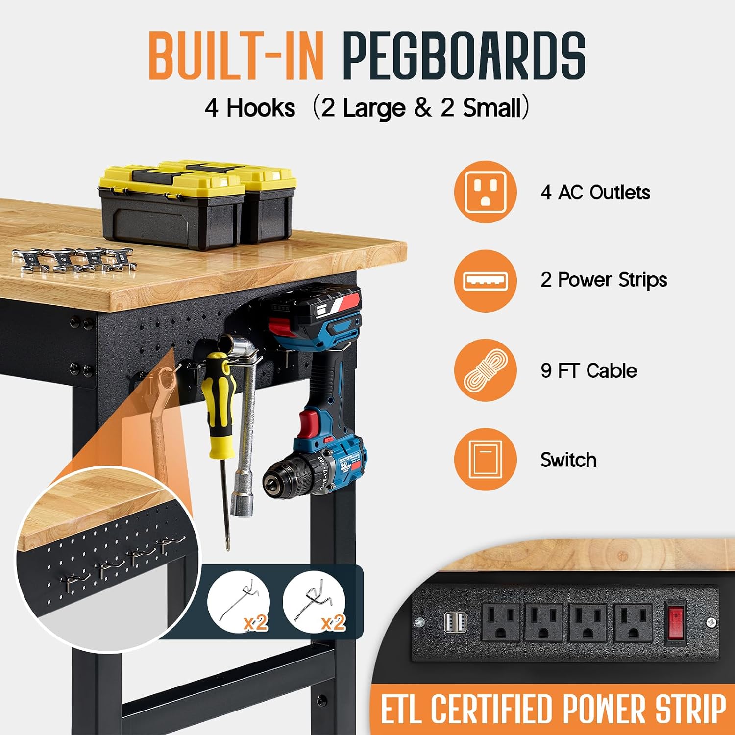 SPECRAFT Adjustable Black Heavy-Duty Workbench | 2000 Lbs Capacity, Rubber Wood Top, 4 AC Outlets and 2 USB Ports, for Garage, Workshop and Office