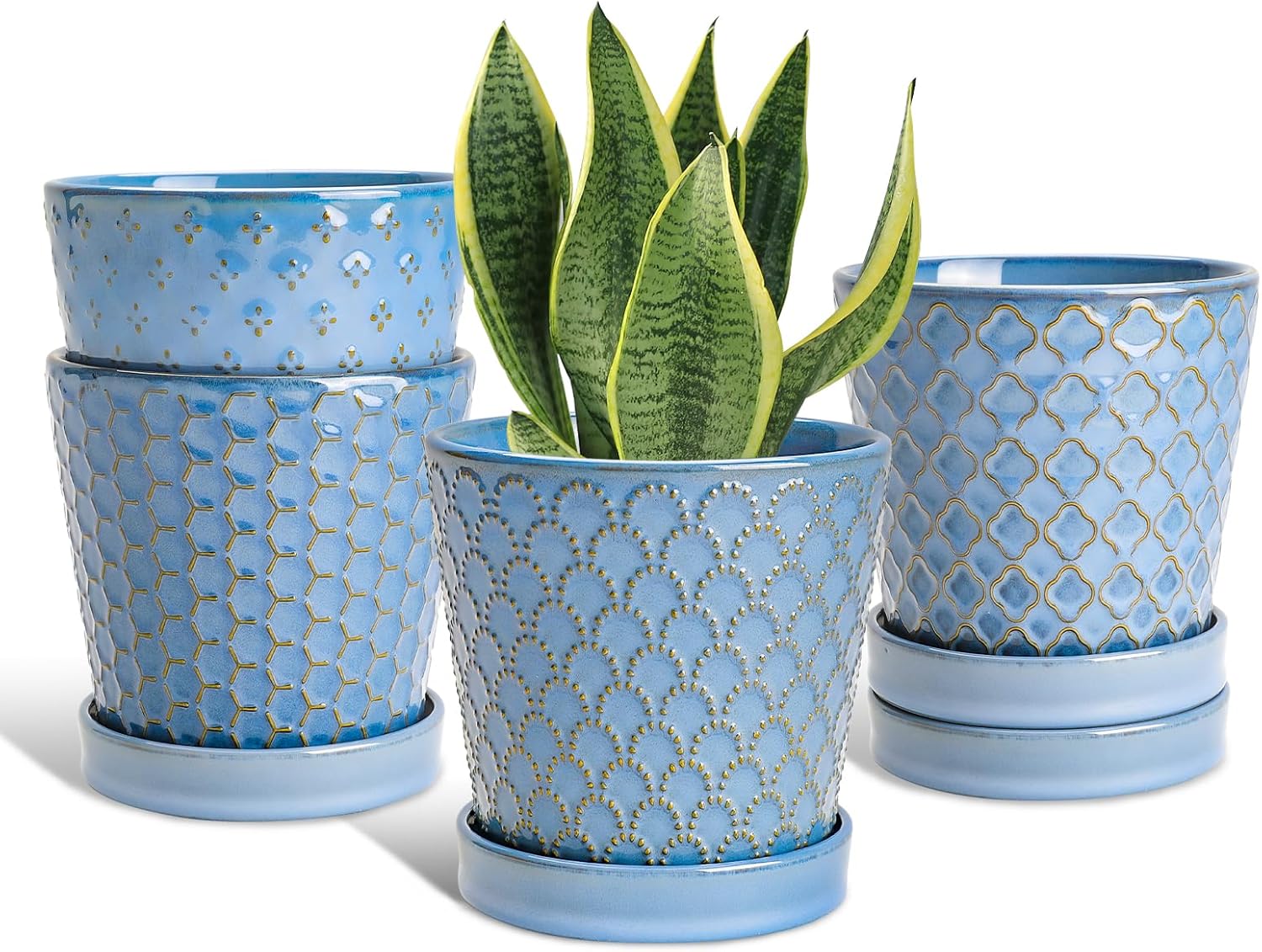 EFISPSS Ceramic Plant Pots, 5 Inch Planters with Drainage Holes and Ceramic Tray, Relief Design Flower Planter