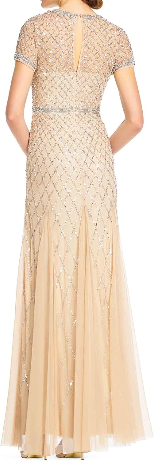 Adrianna Papell Womens Short-Sleeve Grid Beaded Gown