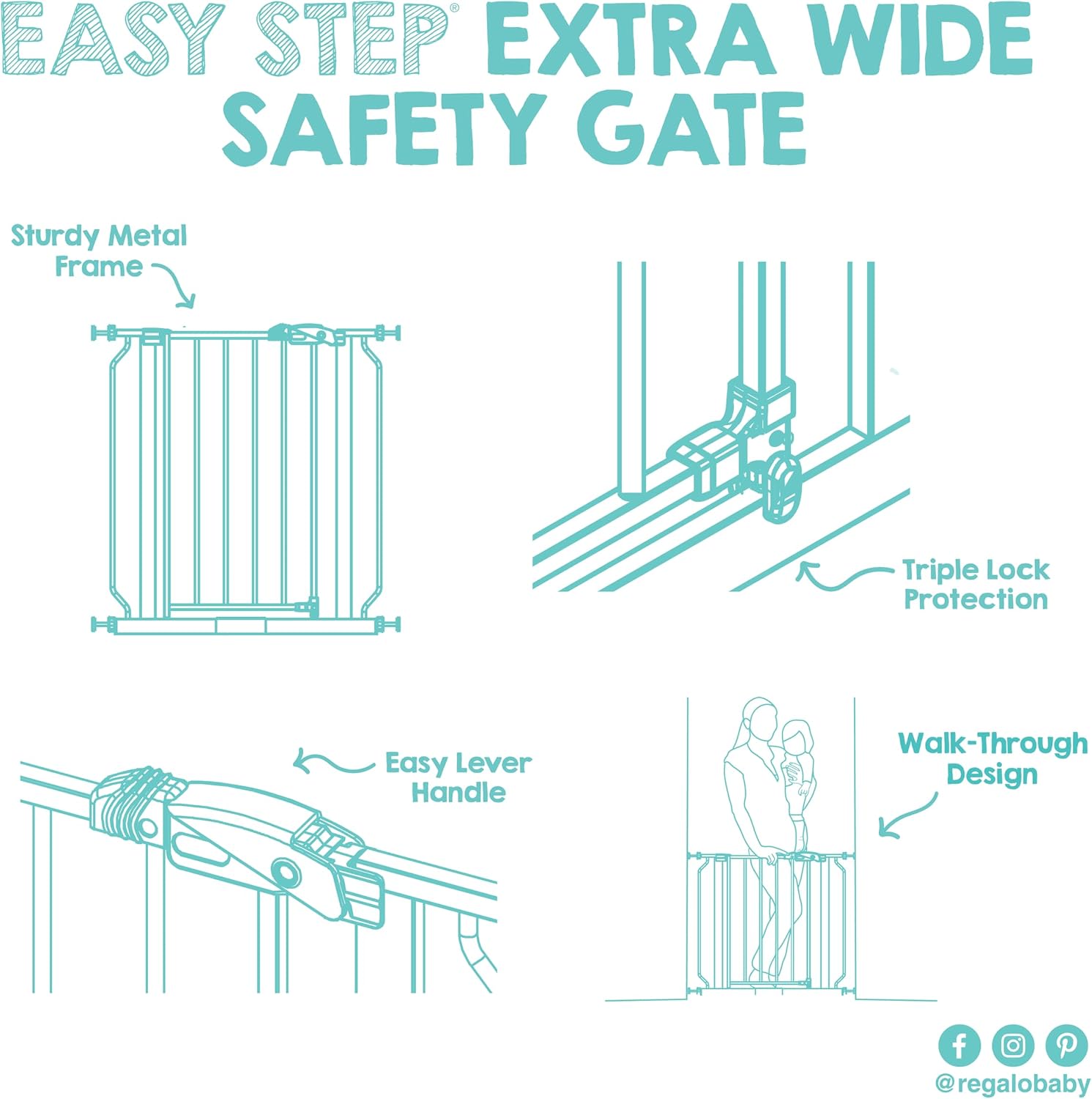 Regalo Safety 29"-49" Extra Wide Baby Gate, Bottom of Stairs & Doorways | Pressure Mounted with Door, For Babies, Toddlers & Pets, White, Tested & Trusted for 30 Years