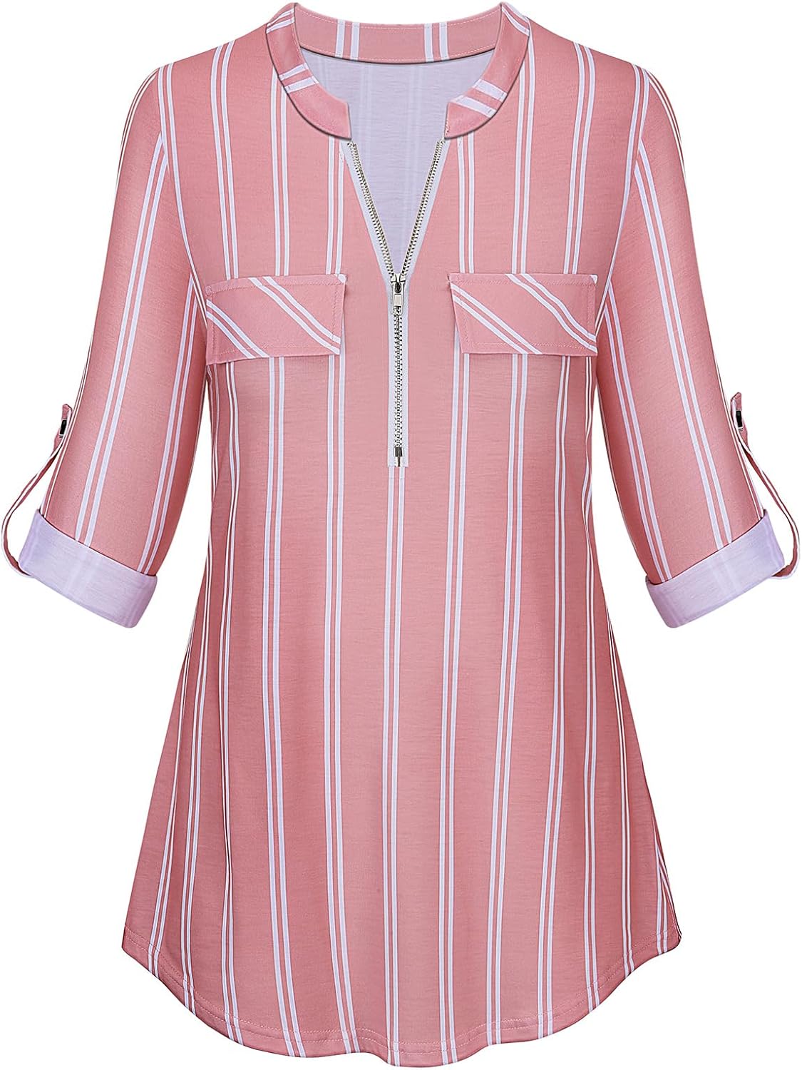 Tanst Sky Womens Casual Long Sleeve Zipped V Neck Plaid Tunic Blouses