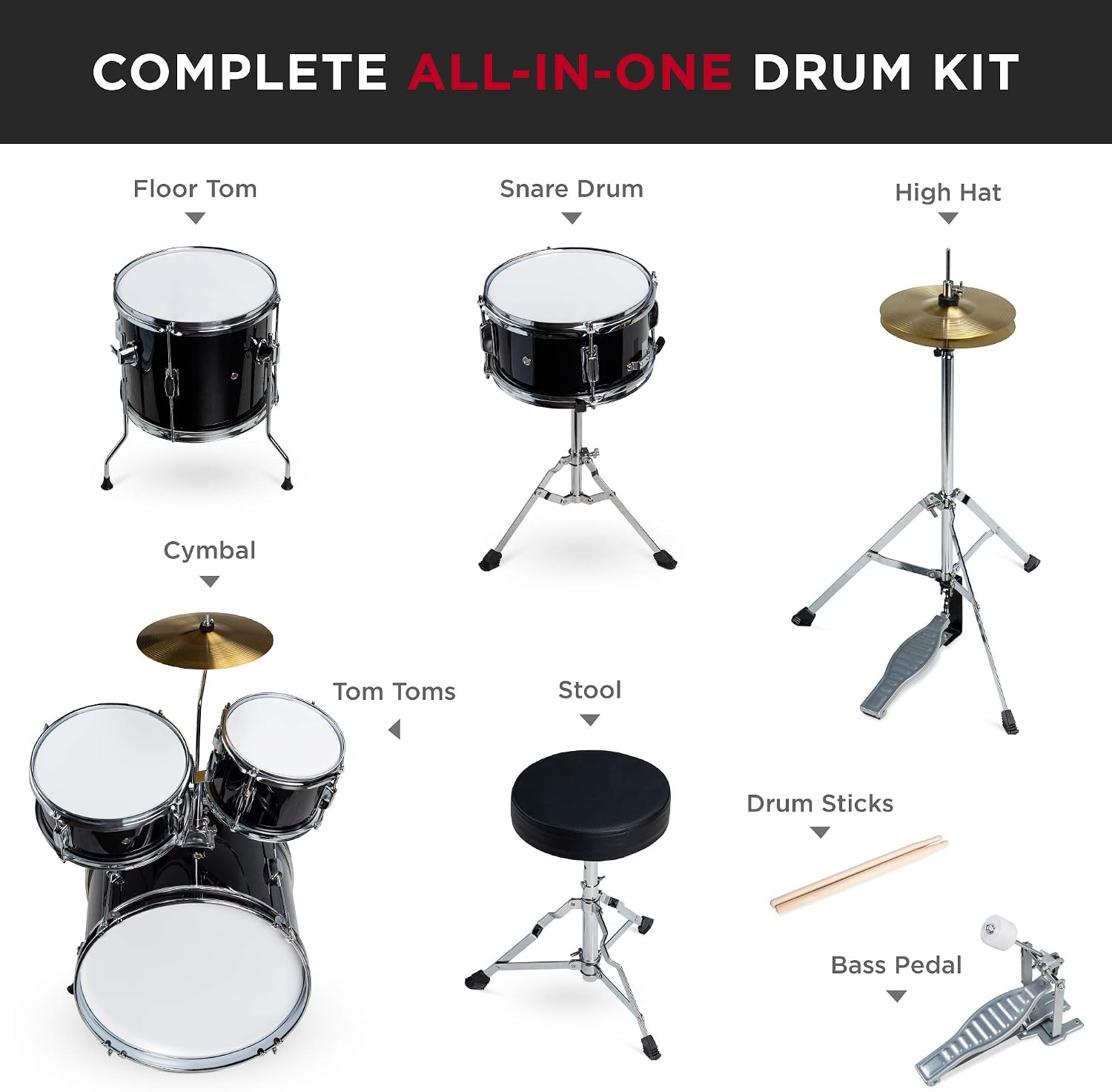 Best Choice Products Kids 5-Piece Beginner Drum Set Junior Kit, Starter Percussion w/Cymbals, Pedal, Drumsticks, Stool, Toms, Snare, Hi Hat - Black