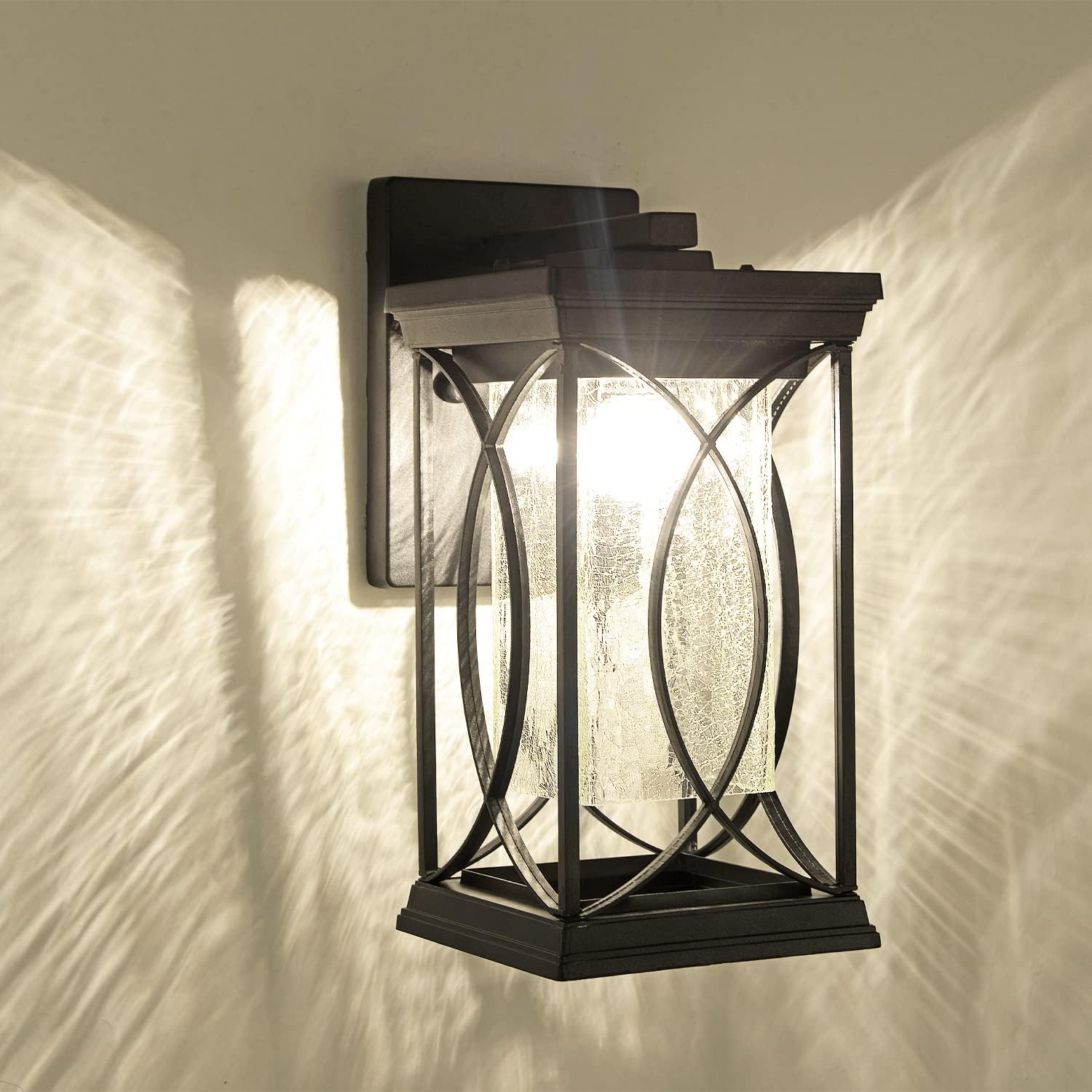 Dusk to Dawn Modern Outdoor Coach Lantern Exterior Light Fixtures Black Aluminum with Crack-Like Glass Waterproof Wall Sconce Mission Outside Light