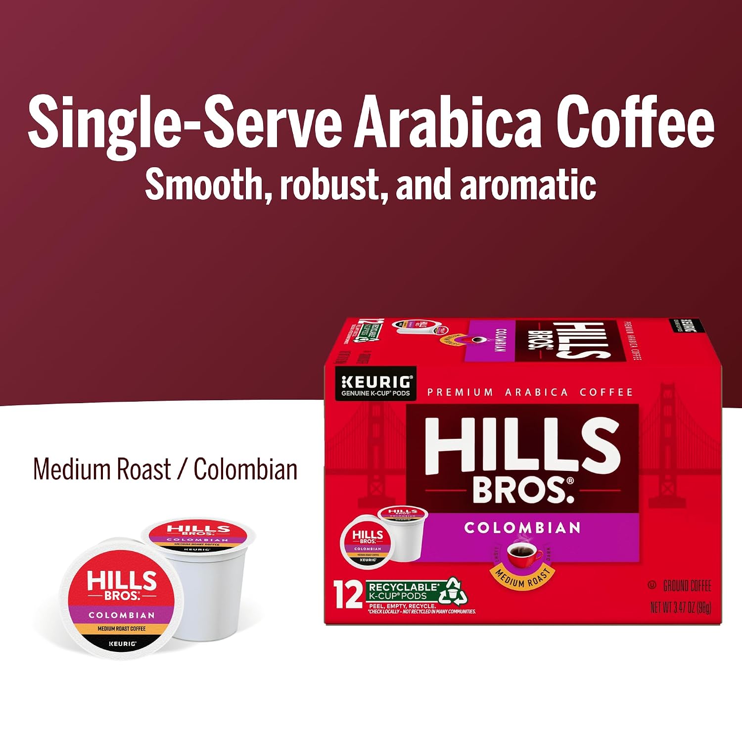 Hills Bros Single Serve Coffee Pods, 100% Colombian Ground Coffee, Medium Roast, 12 Count – Keurig Compatible, Roasted 100% Arabica Beans, Smooth Balanced Flavor