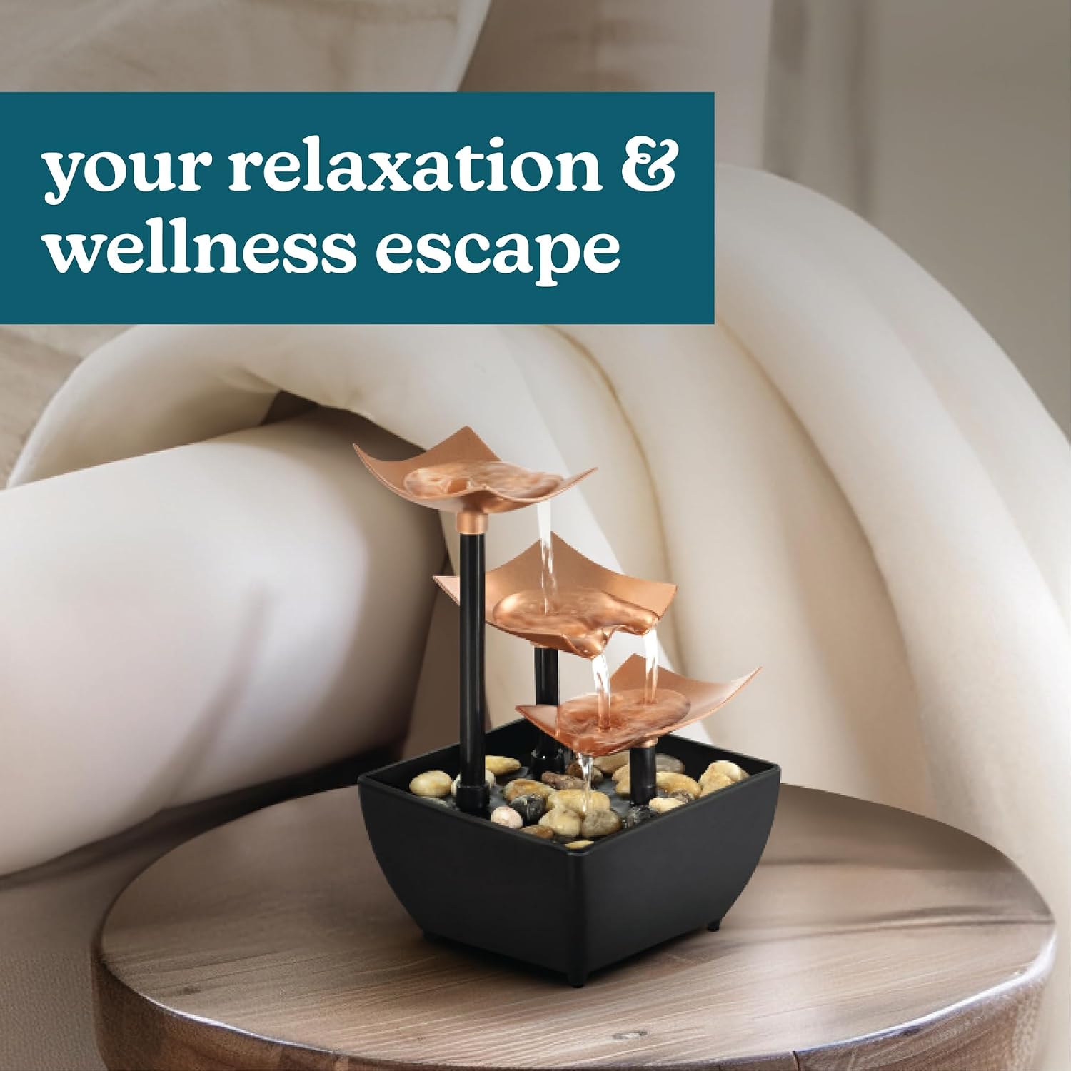 Homedics Tabletop Water Fountain, Home Décor Soothing Sound Machine | Automatic Pump, Deep Basin & Natural River Rocks. Indoor Zen Relaxation for Office, Living Room, or Bedroom, 8.25” Tall