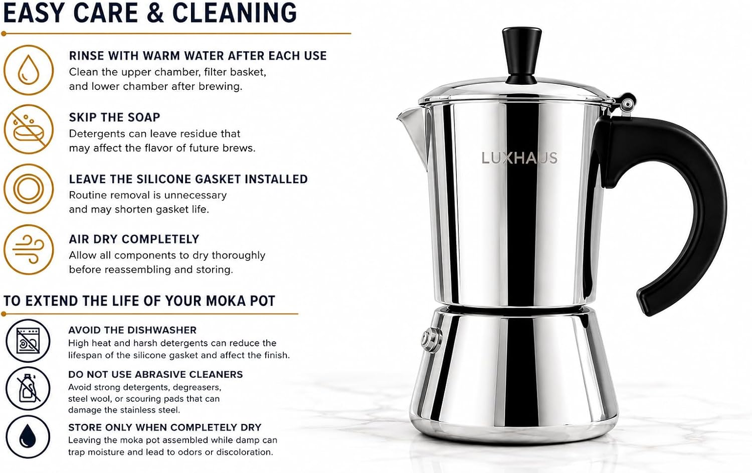LuxHaus 3 Cup Moka Pot (2oz each cup - 6oz total) Stovetop Espresso Maker - Stainless Steel Italian and Cuban Mocha Coffee Maker