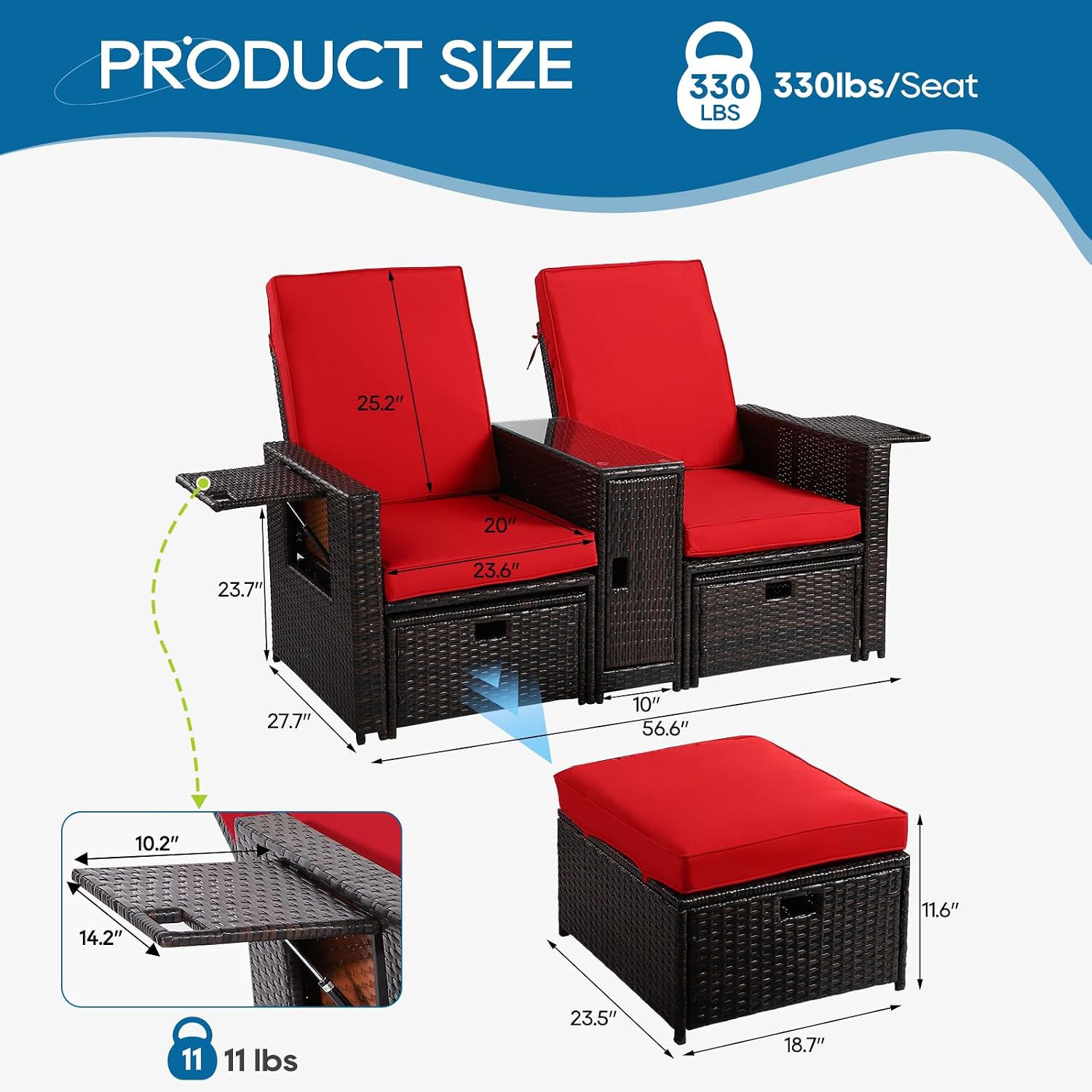 5PCS Outdoor Wicker Chaise Lounge Chair - Rattan Adjustable Reclining Patio Lounge Chair with Ottoman and Coffee Table