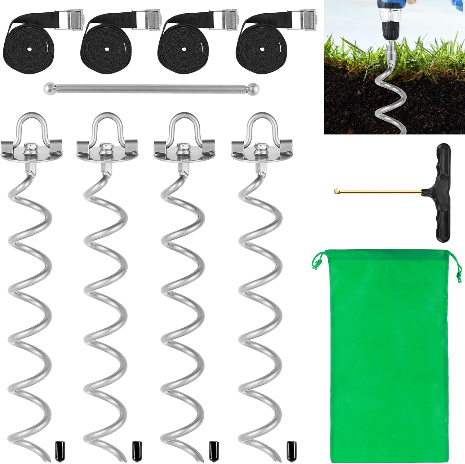 MIXXIDEA 11.4 Inch Gound Anchors Screw in, Metal Spiral Earth Anchors Kit, Heavy Duty Folding Ring Spiral Stake, Silver Ground Stakes for Tent